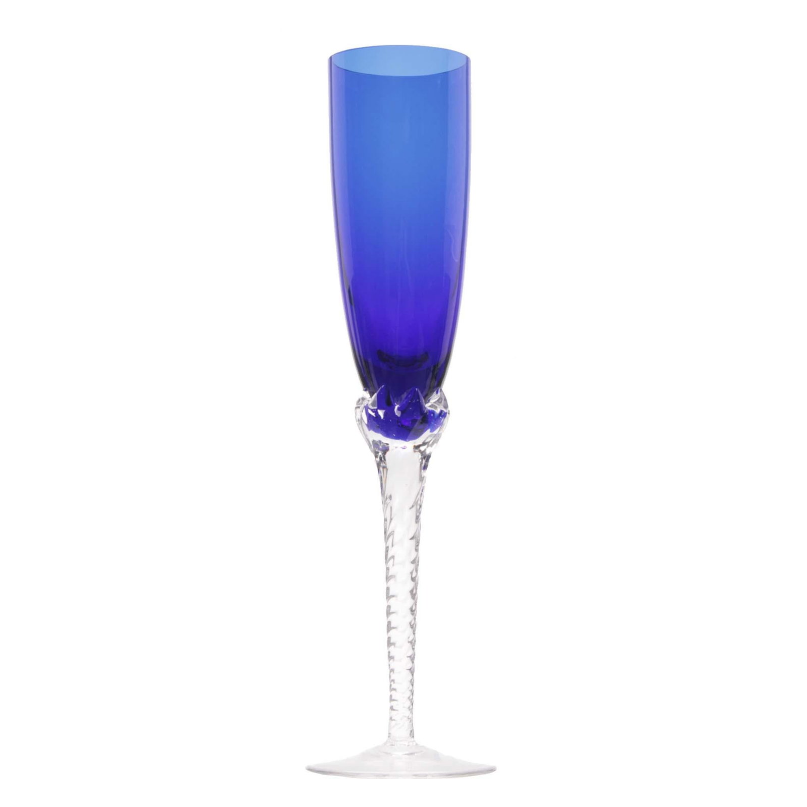 1980s Hand-Blown Crystal Champagne Flutes in Cobalt Blue With Spiral Twisted Clear Stems, Set of 6 - 2