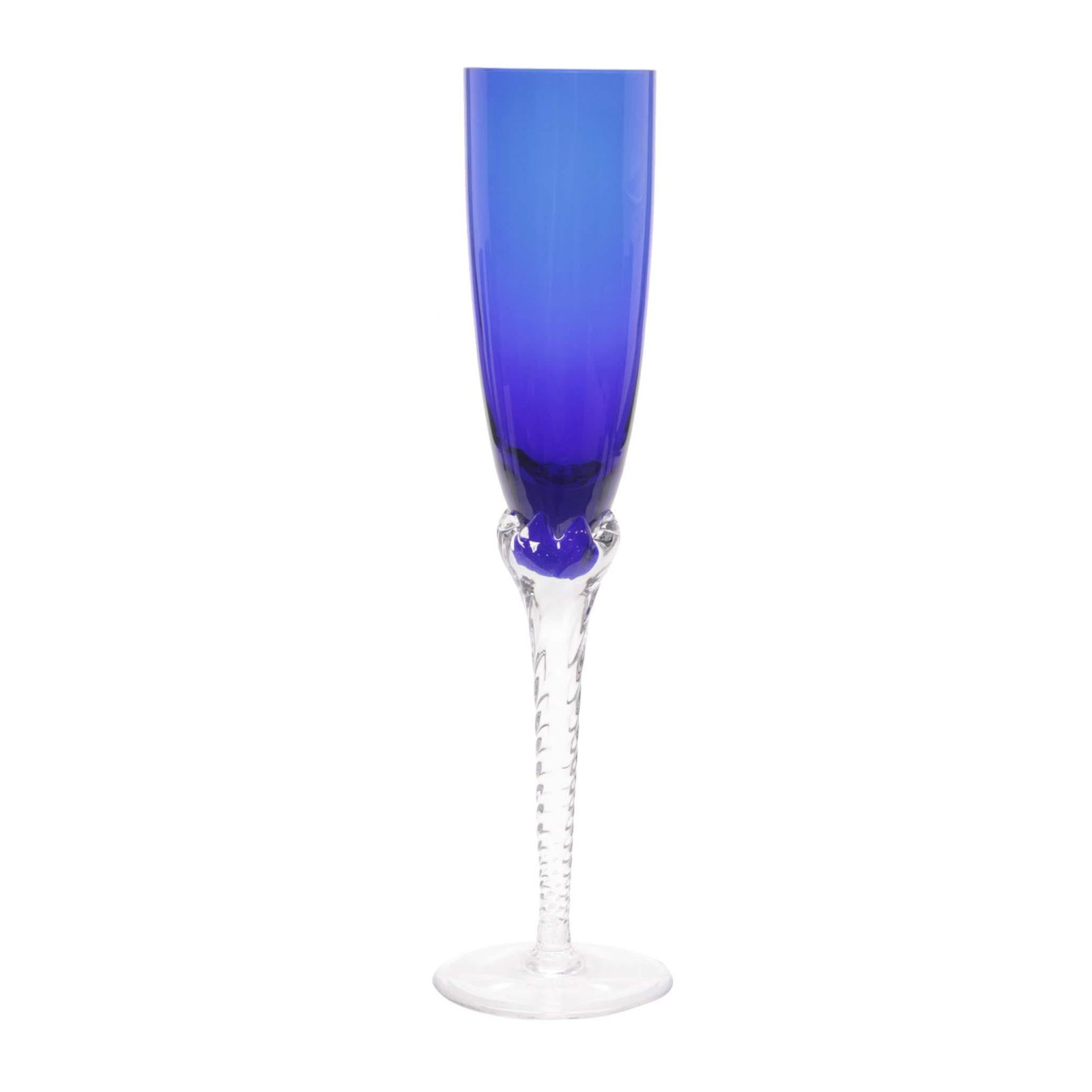 1980s Hand-Blown Crystal Champagne Flutes in Cobalt Blue With Spiral Twisted Clear Stems, Set of 6 - 3