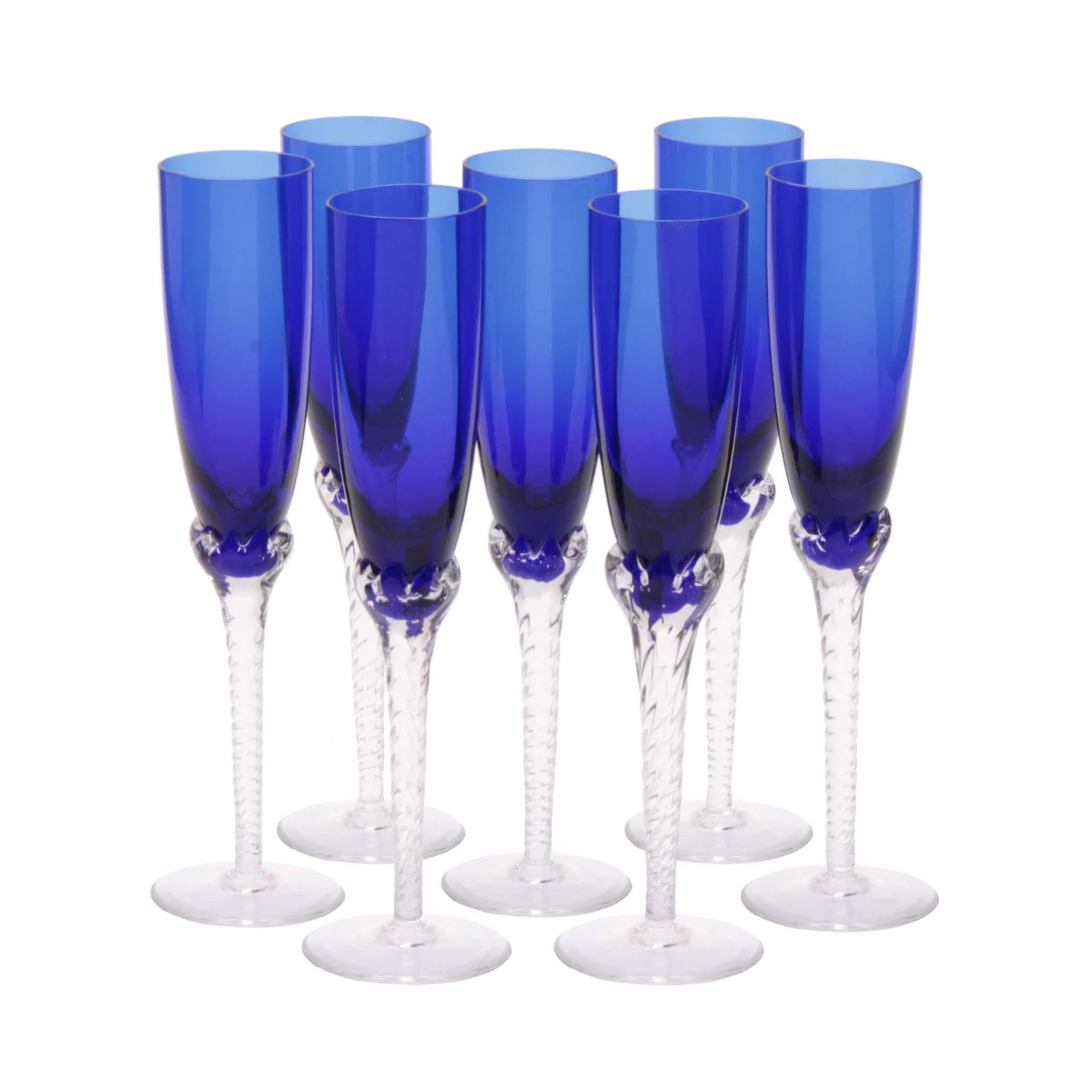 1980s Hand-Blown Crystal Champagne Flutes in Cobalt Blue With Spiral Twisted Clear Stems, Set of 6 - 6