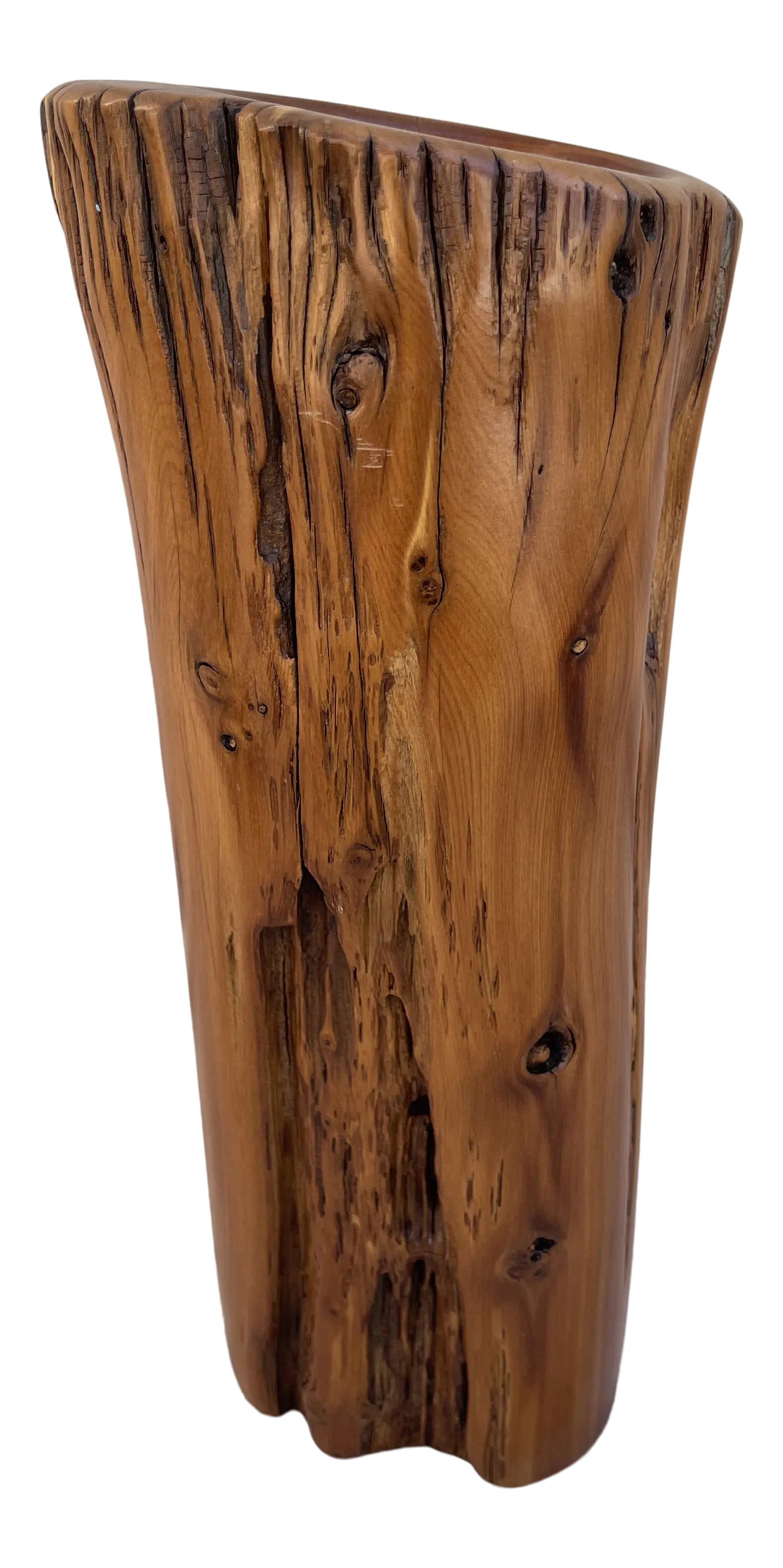 Vintage Mid-Century Modern Live Edge Polished Wood Vase: Vintage Live Edge Polished Wood Vase. Smooth to the touch. Great by itself or faux flowers. Has a slant at top of vase 13in h x 5.5w x 5.5d 12in h on lower end Condition: Alterations: Original Conditi
