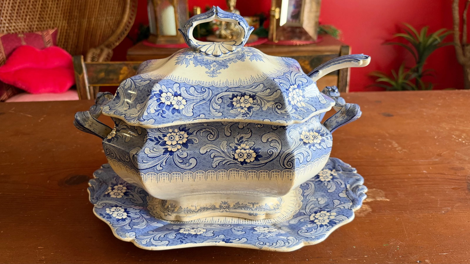 Antique Blue Transfer Decorated Staffordshire Soup Tureen, With Underliner & Ladle, "Clarendon" - 3p - 3