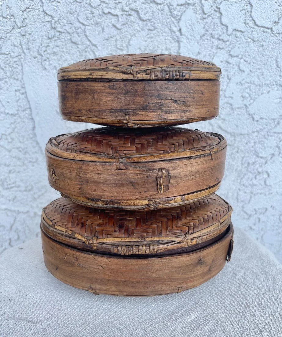 Antique Woven Rattan/Split Bamboo Oval Nesting Boxes-A Set - 2