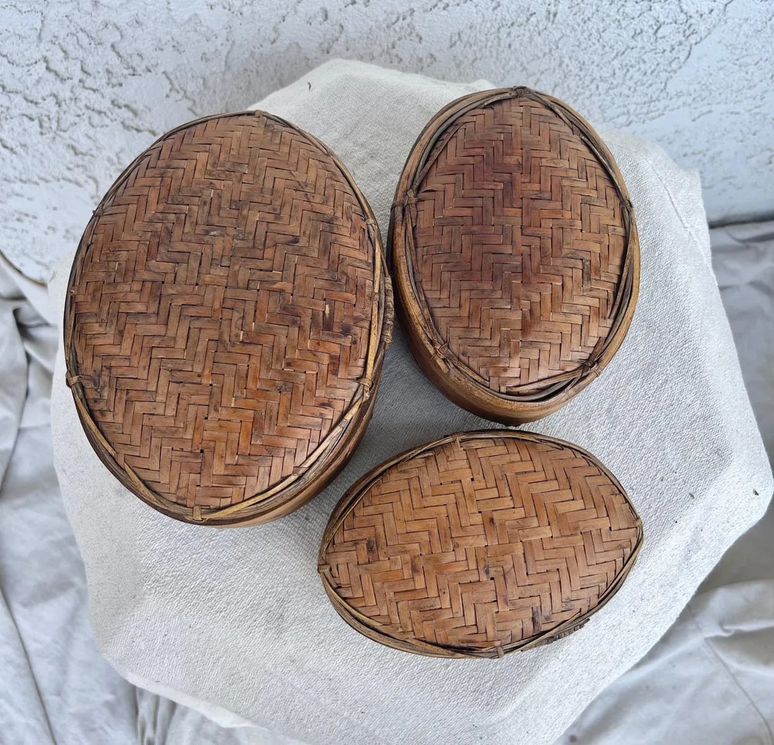 Antique Woven Rattan/Split Bamboo Oval Nesting Boxes-A Set - 3