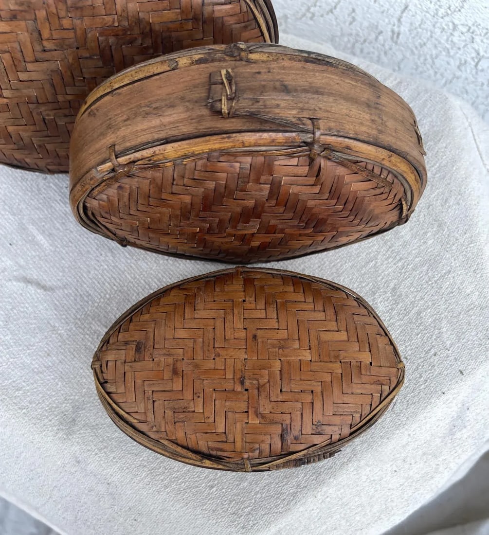 Antique Woven Rattan/Split Bamboo Oval Nesting Boxes-A Set - 4