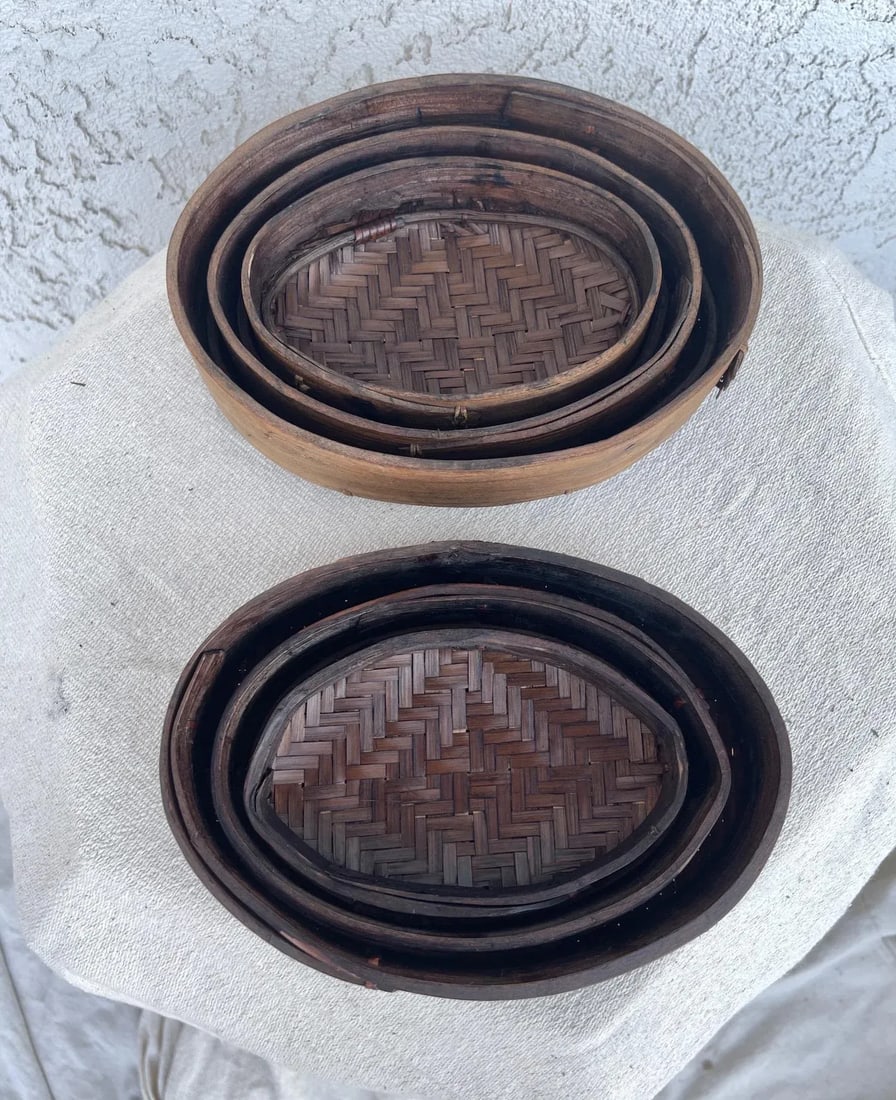 Antique Woven Rattan/Split Bamboo Oval Nesting Boxes-A Set - 7