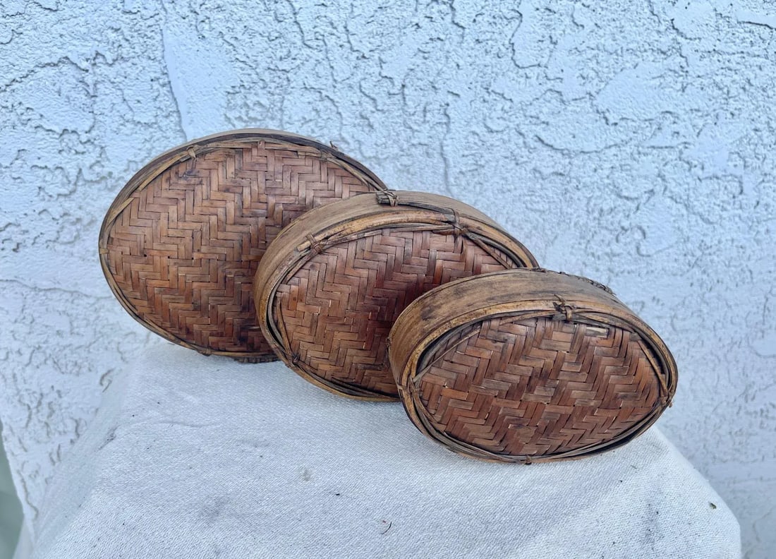 Antique Woven Rattan/Split Bamboo Oval Nesting Boxes-A Set - 8