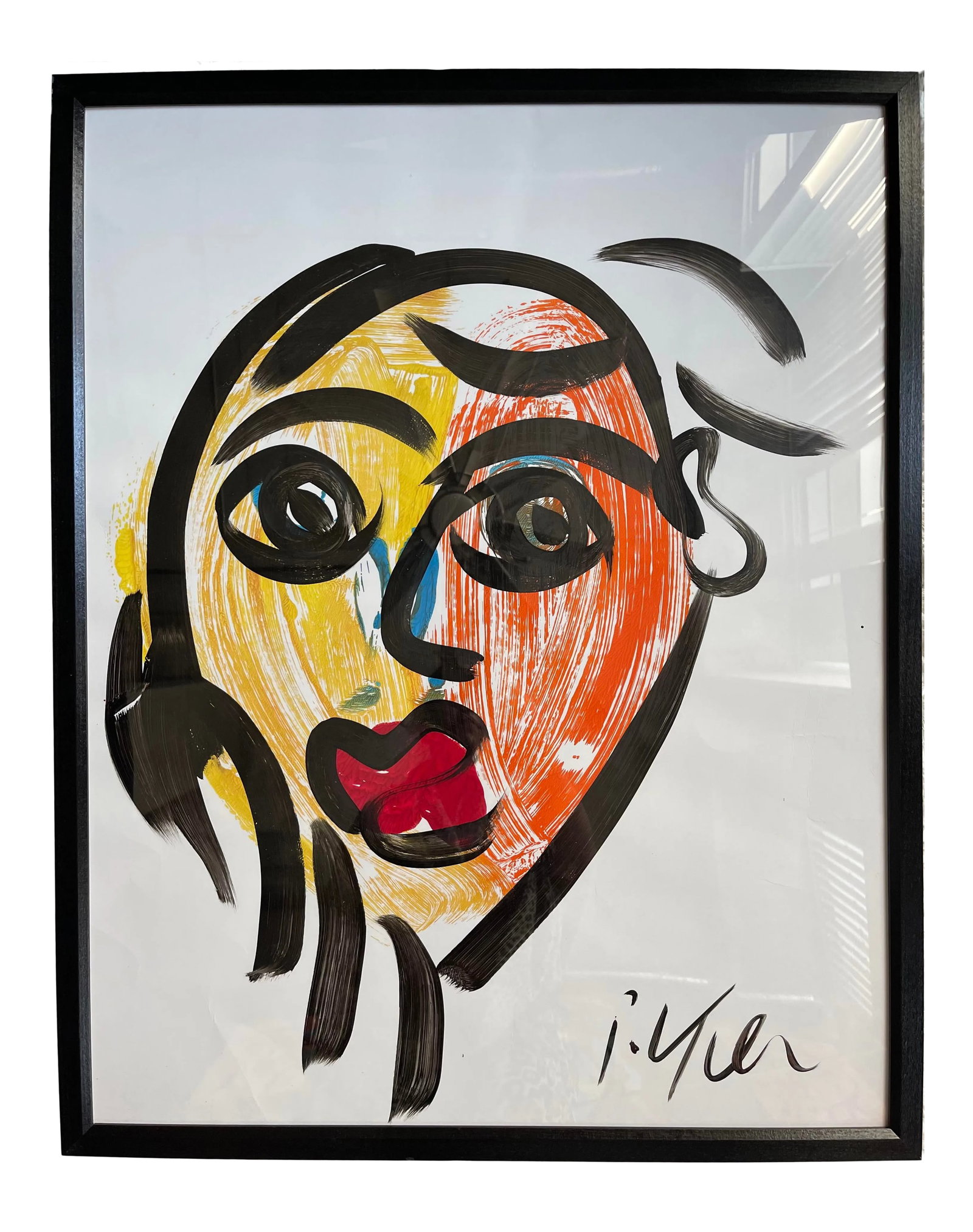 Contemporary Abstract Face Portrait Painting by Peter Keil, Framed: Peter Keil is a German artist that focuses primarily on abstract expressionism. Keil painted with some of the greats including Joan Miro, Pablo Picasso and Andy Warhol, to name a few. This is a fabulo