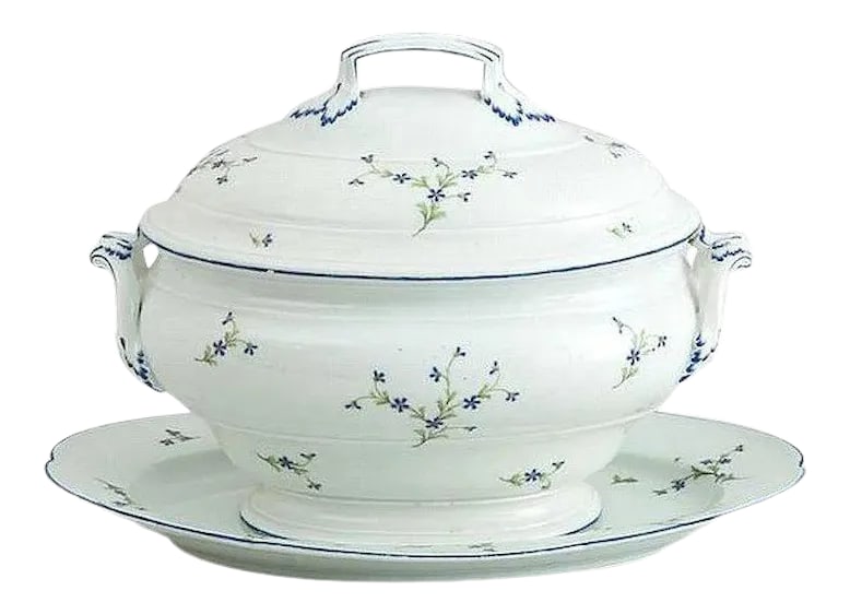 18th Century Niderviller Porcelain Cornflower Sprigs Soup Tureen Cover and Stand - A Pair: Large antique Niderviller porcelain soup tureen and oval platter decorated with cornflower sprigs in the rococo taste. Marked with addorsed C's and crown - France 18th c. Platter measures 16" x 12".