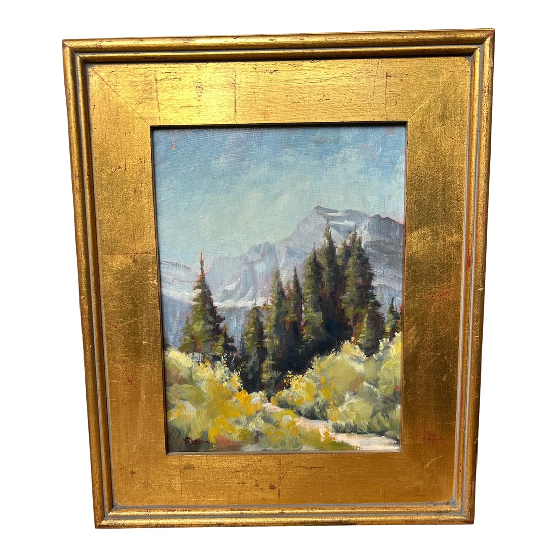 Vintage Signed Mountainscape Acrylic Painting: Beautifully done mountain and forest artwork on board, set in a solid wood gold gilt frame. Artists signature isn't fully readable- appears to be J R. Lues**? Condition: Alterations: Original Conditio