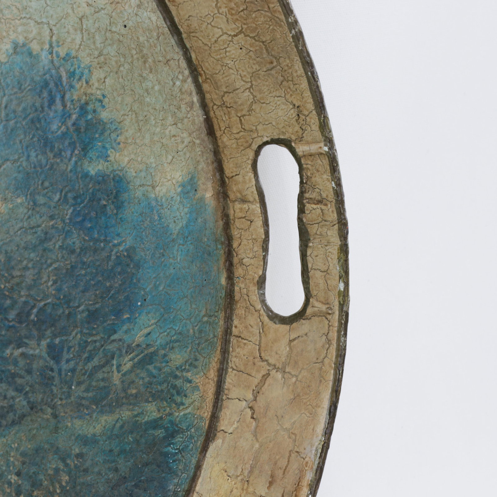 Vintage Hand Painted Tole Tray Blue and Cream Oval Landscape With Tower Architecture - 10