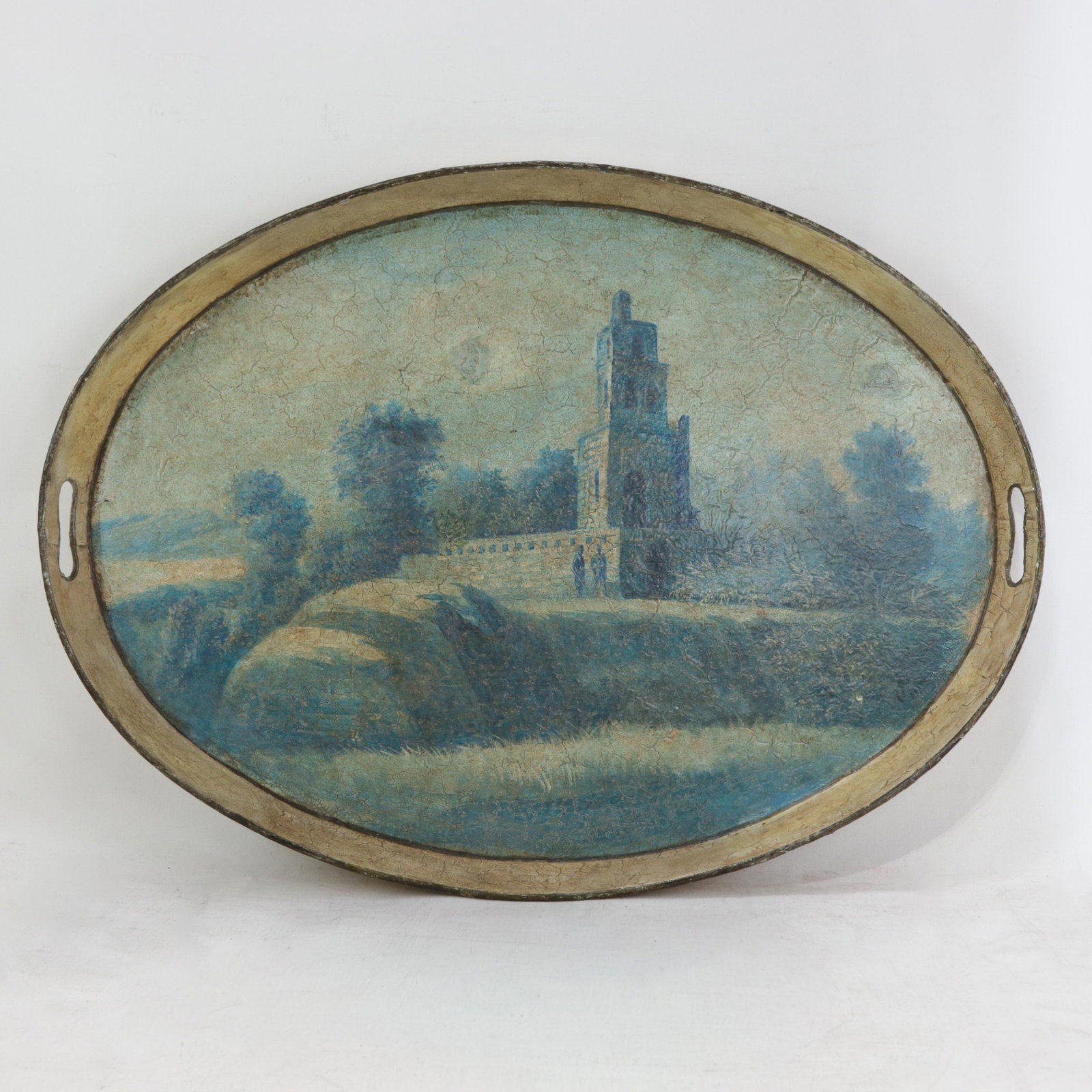 Vintage Hand Painted Tole Tray Blue and Cream Oval Landscape With Tower Architecture - 16