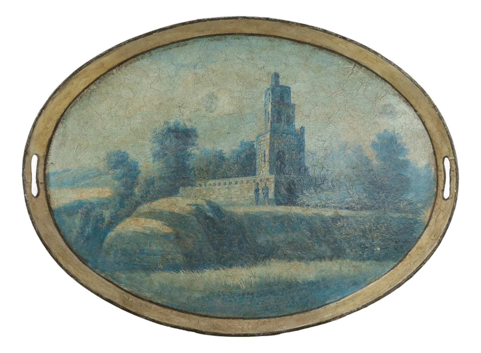 Vintage Hand Painted Tole Tray Blue and Cream Oval Landscape With Tower Architecture: This atmospheric vintage oval tole tray features a serene, hand-painted landscape rendered in a soft palette of muted blues, greens, and sandy creams. The central composition showcases a tiered archit