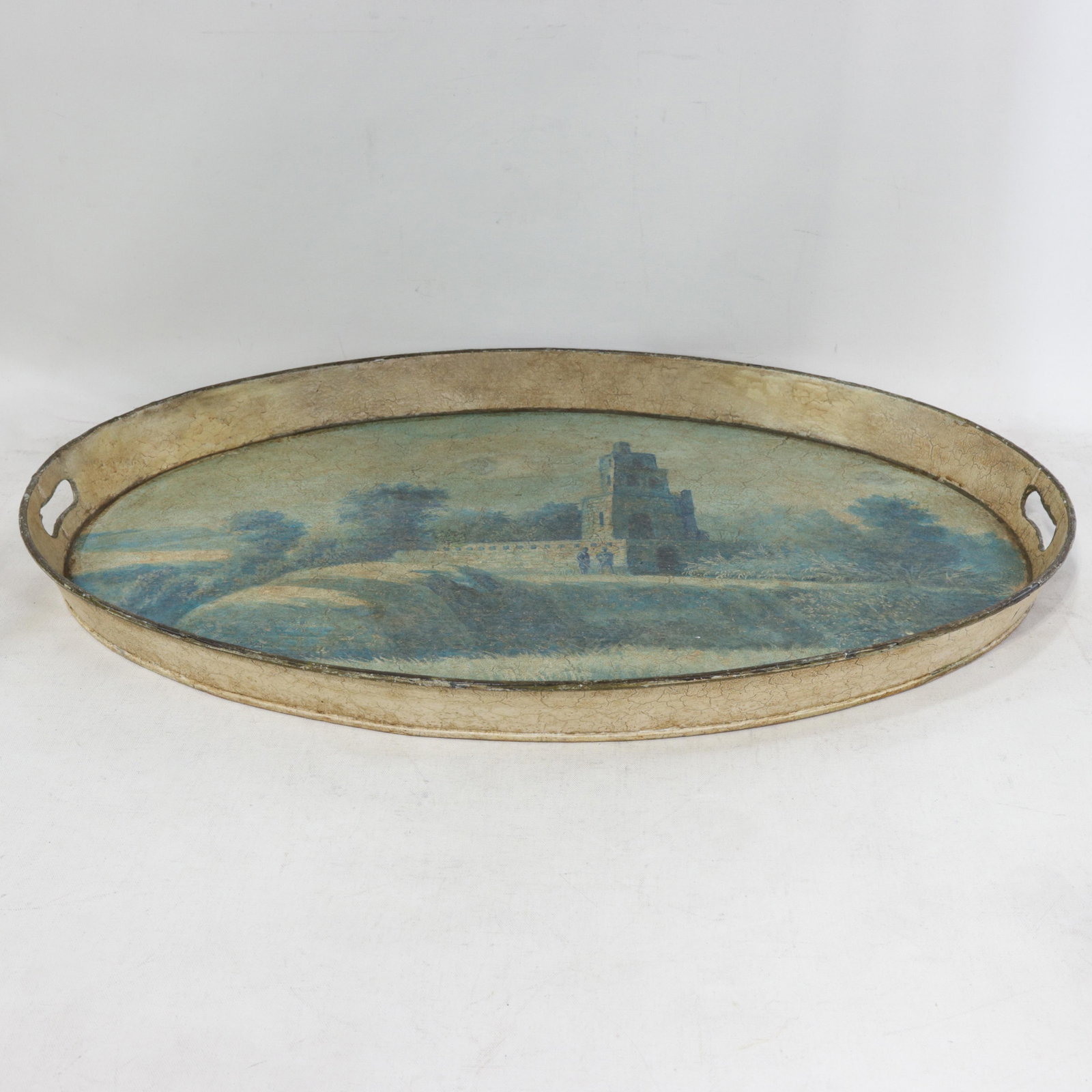 Vintage Hand Painted Tole Tray Blue and Cream Oval Landscape With Tower Architecture - 2