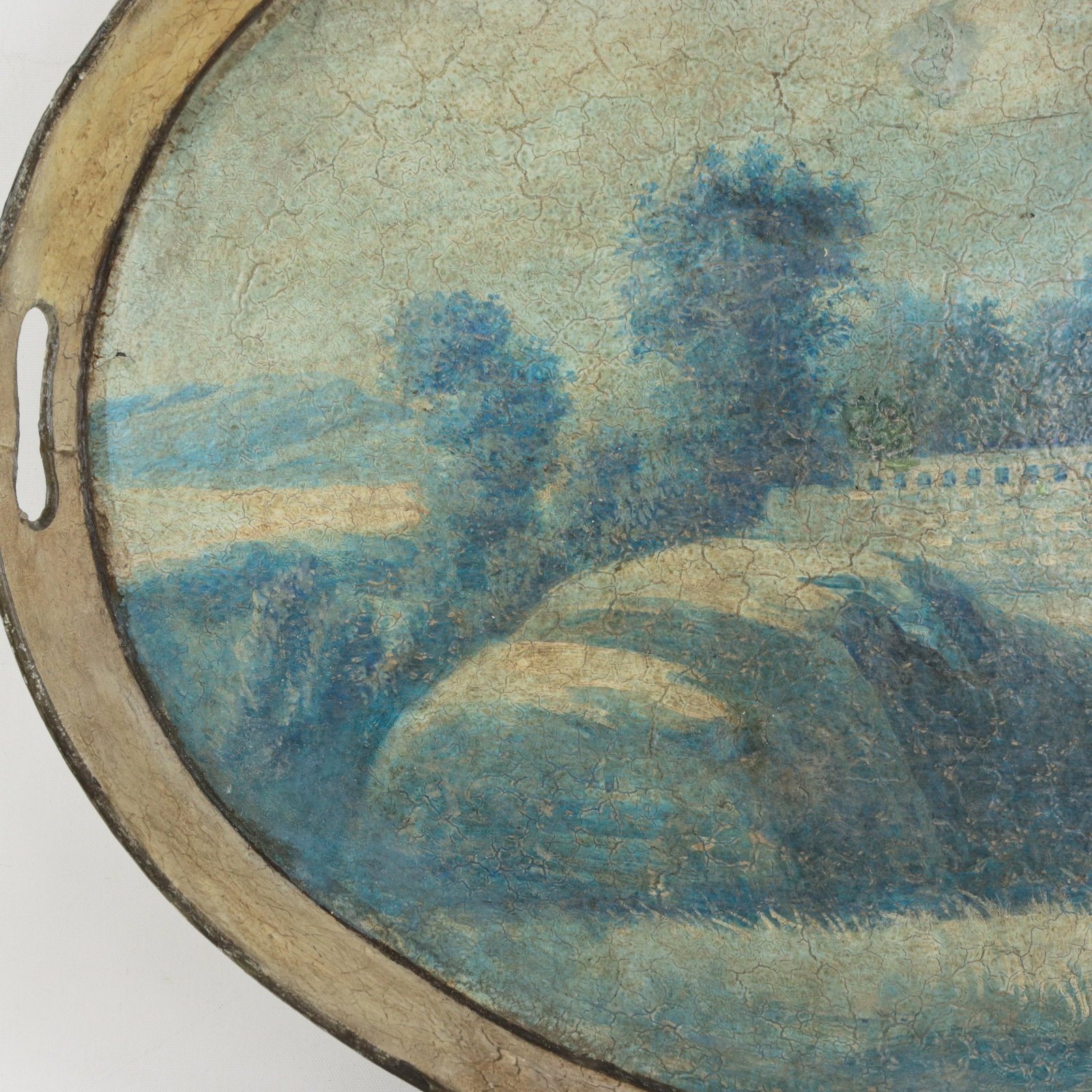 Vintage Hand Painted Tole Tray Blue and Cream Oval Landscape With Tower Architecture - 3