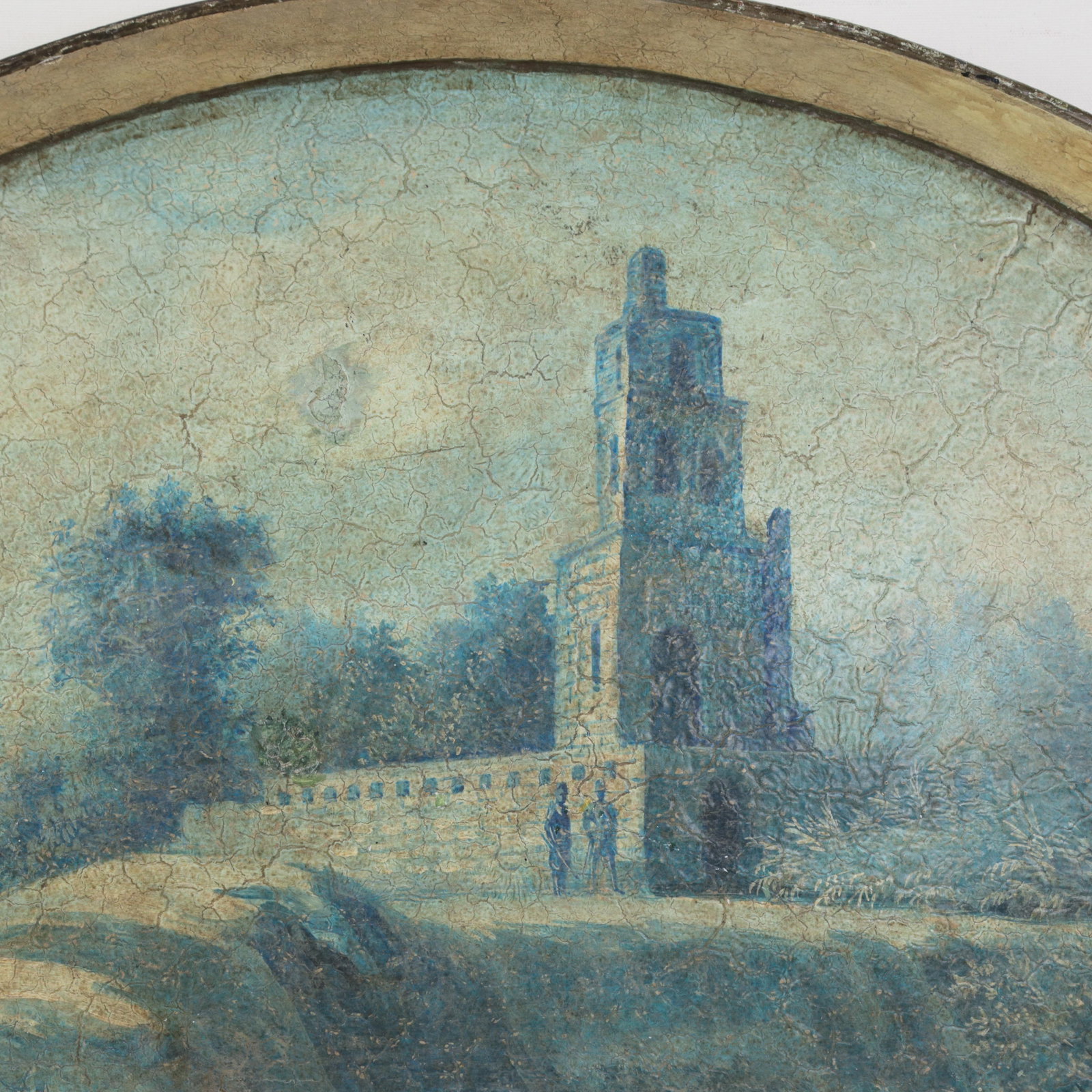 Vintage Hand Painted Tole Tray Blue and Cream Oval Landscape With Tower Architecture - 4