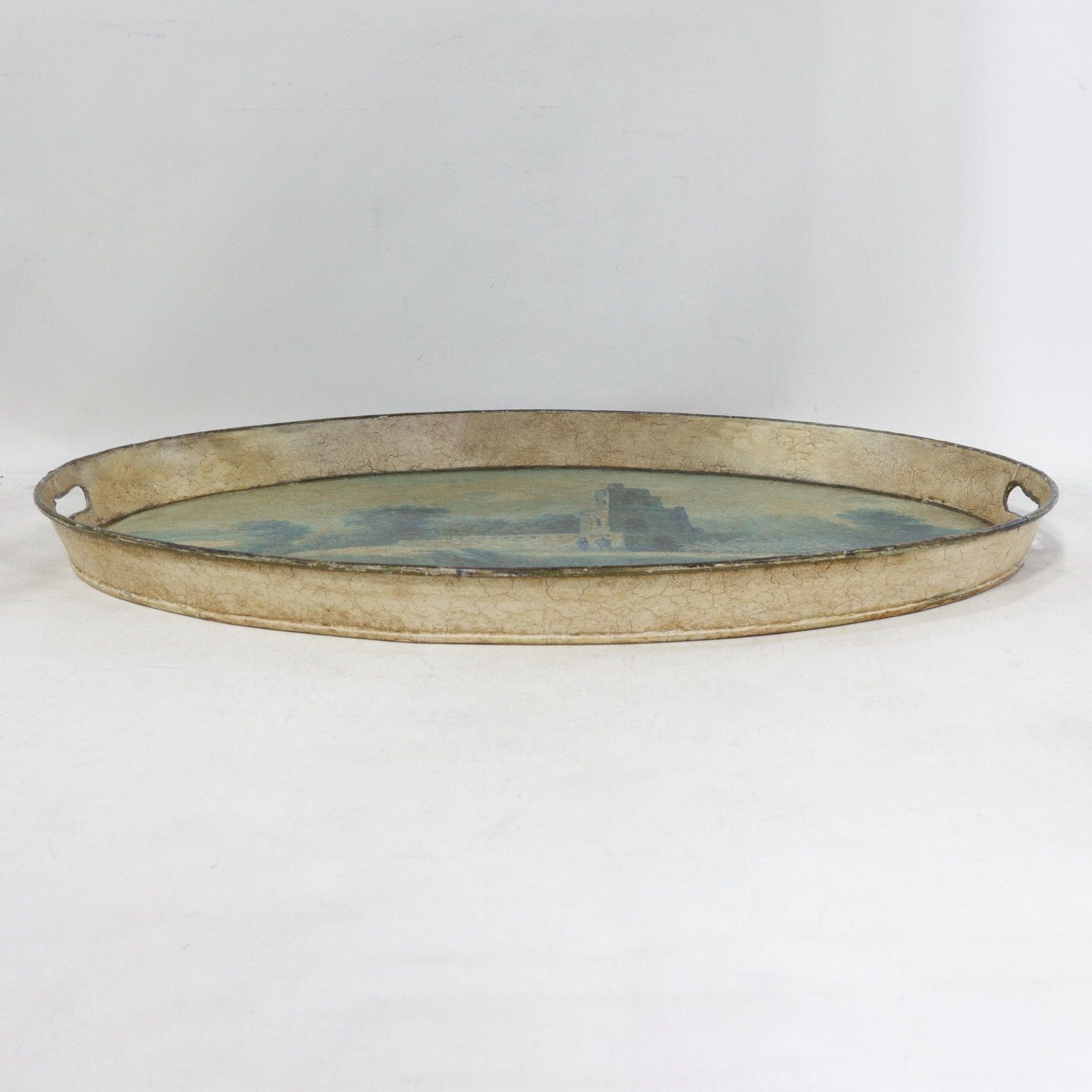 Vintage Hand Painted Tole Tray Blue and Cream Oval Landscape With Tower Architecture - 5
