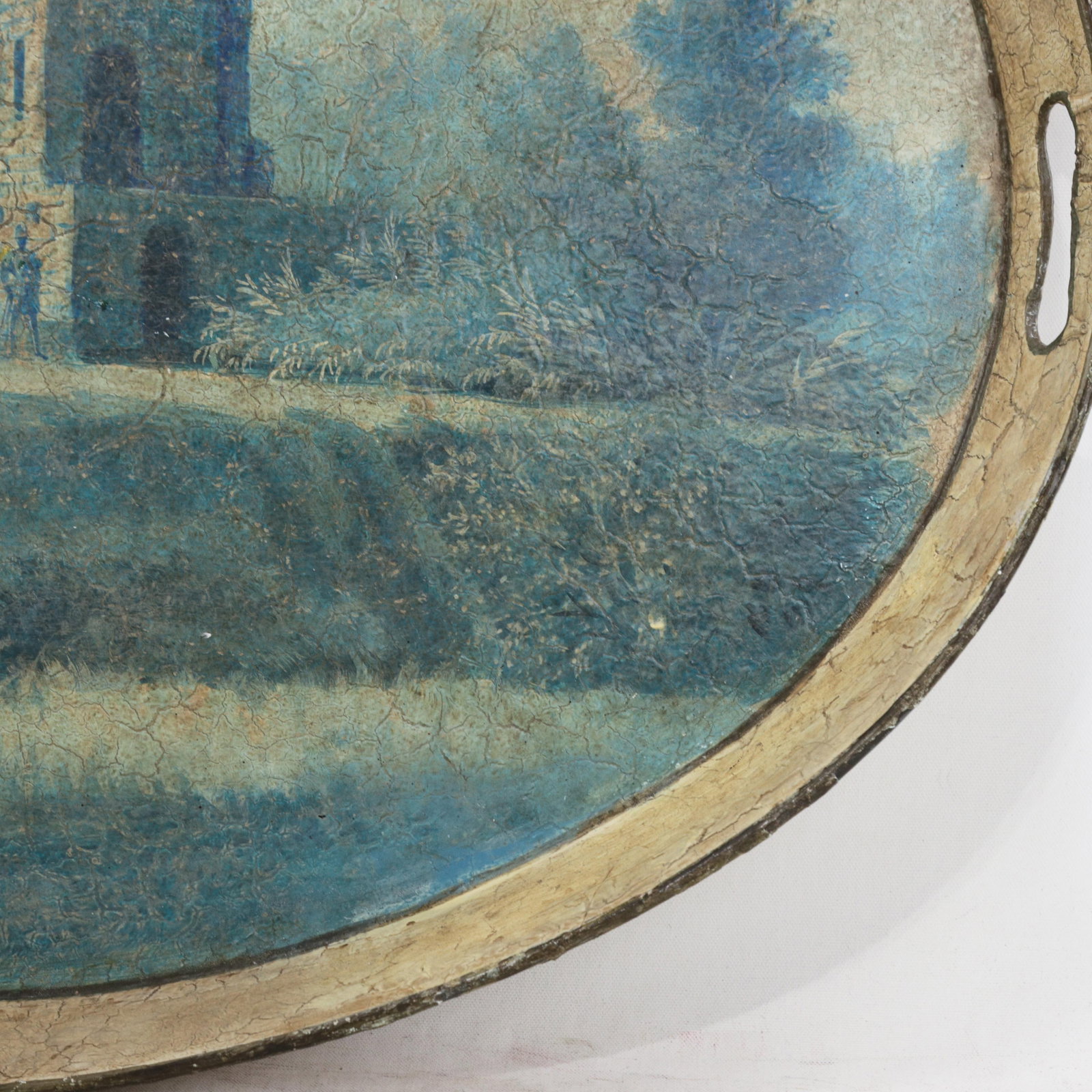 Vintage Hand Painted Tole Tray Blue and Cream Oval Landscape With Tower Architecture - 6