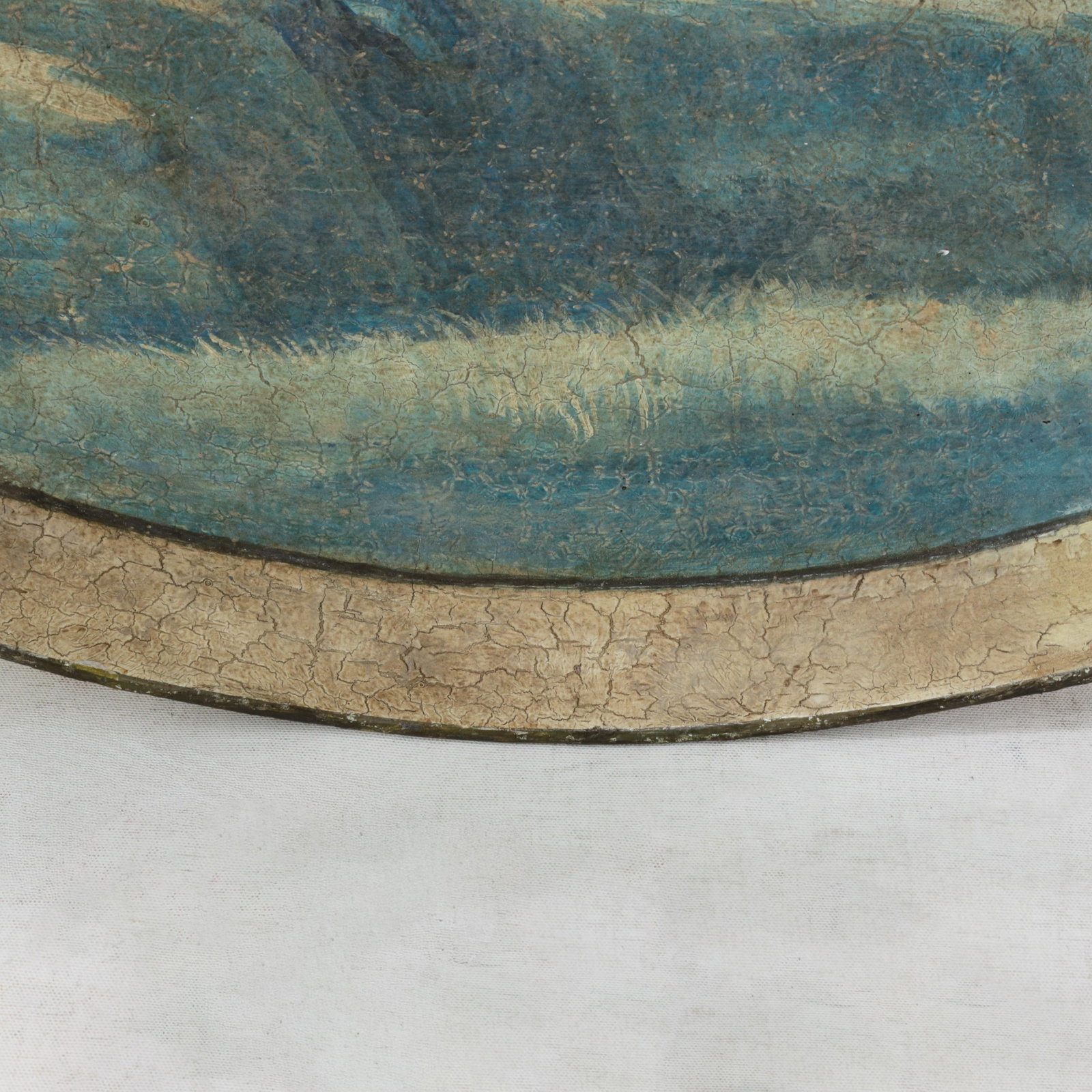 Vintage Hand Painted Tole Tray Blue and Cream Oval Landscape With Tower Architecture - 7