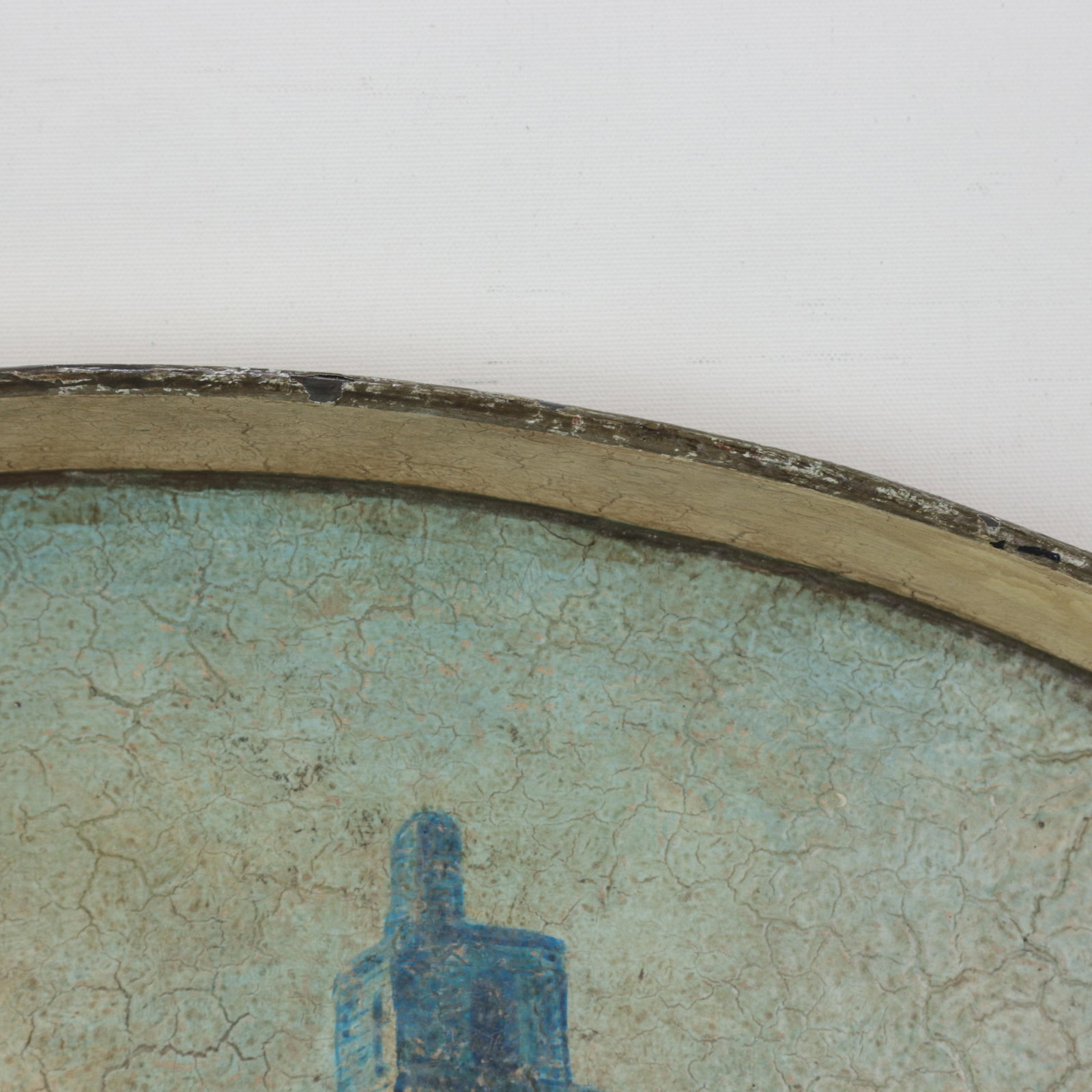 Vintage Hand Painted Tole Tray Blue and Cream Oval Landscape With Tower Architecture - 8