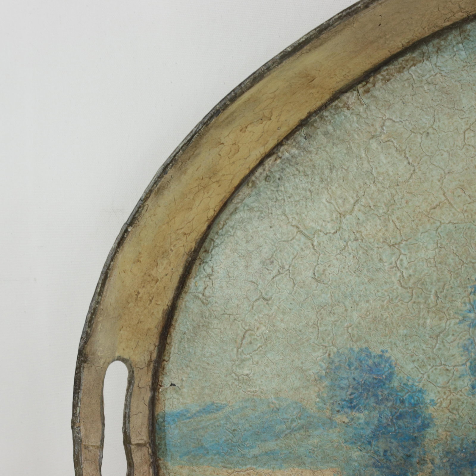Vintage Hand Painted Tole Tray Blue and Cream Oval Landscape With Tower Architecture - 9