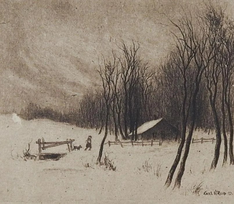 Tiny Vintage Winter Farm Scene Etching Card: Vintage circa 1930's tiny winter farm scene etching tipped onto Christmas card. Unframed, image size 2.5" x 2", age toning. Condition: Alterations: Original Condition Unaltered Imperfections: Some