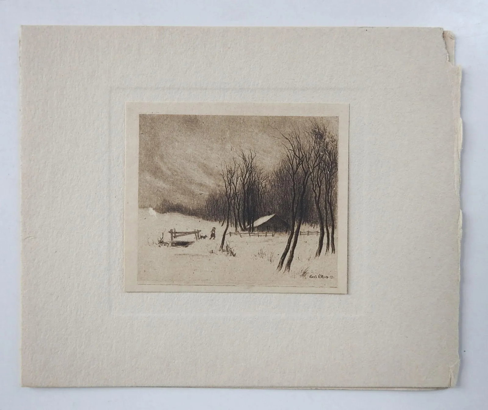 Tiny Vintage Winter Farm Scene Etching Card - 2