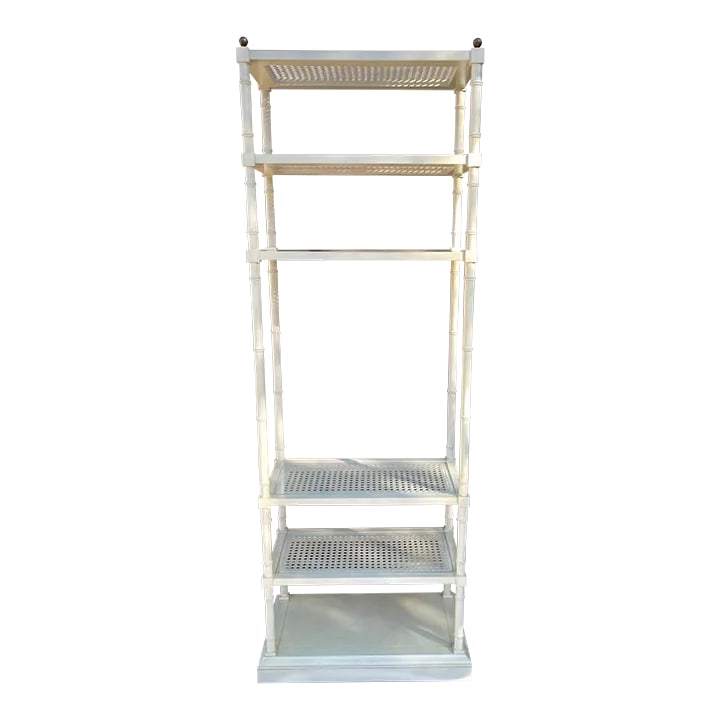 1960s Hickory Chair Co. Cane/Glass 5 Shelve Etagere: Beautiful Vintage Hickory Chair Co. 5 Shelve Etagere. Each shelve has woven cane and glass that can be removed. Top has brass ball finials. Ea shelf is 12in apart and the middle is 32in. This would be