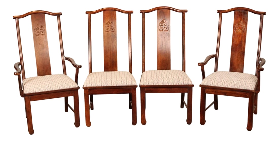 Bernhardt Chinese Style Set of Four Yoke Back Dining Chairs: High Quality Asian Chinoiserie Influenced Set of4 Solid Wood Dining Chairs with Custom Upholstered Seats, by Bernhardt (unlabled) Condition: Alterations: Original Condition Unaltered Imperfections: So