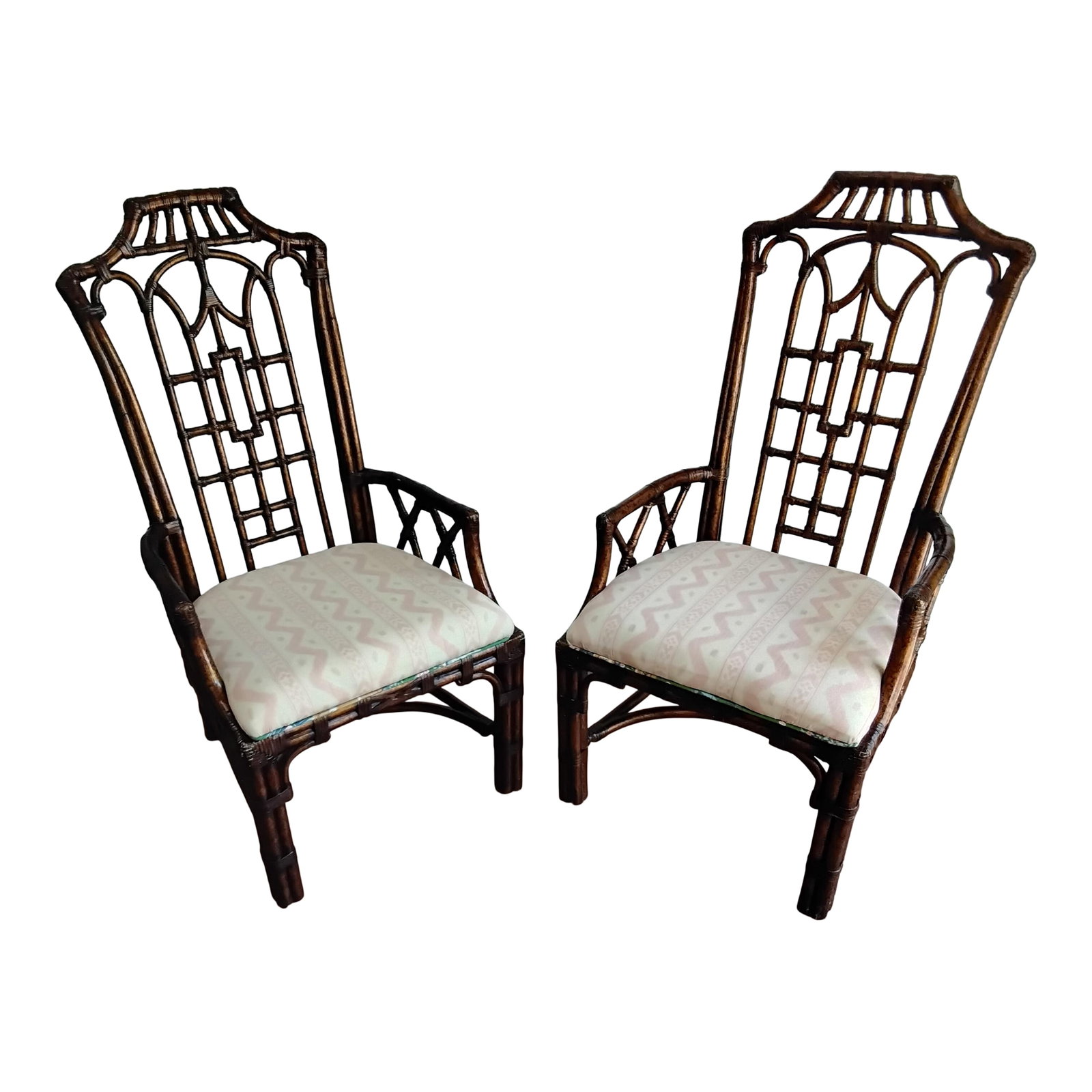 Lexington Royal Kahala Dining Chairs: These are stunning! They will make a statement at each end of your table mixed with your beautiful chairs. The arms are low enough to fit under most table aprons. The designer fabric of cream and
