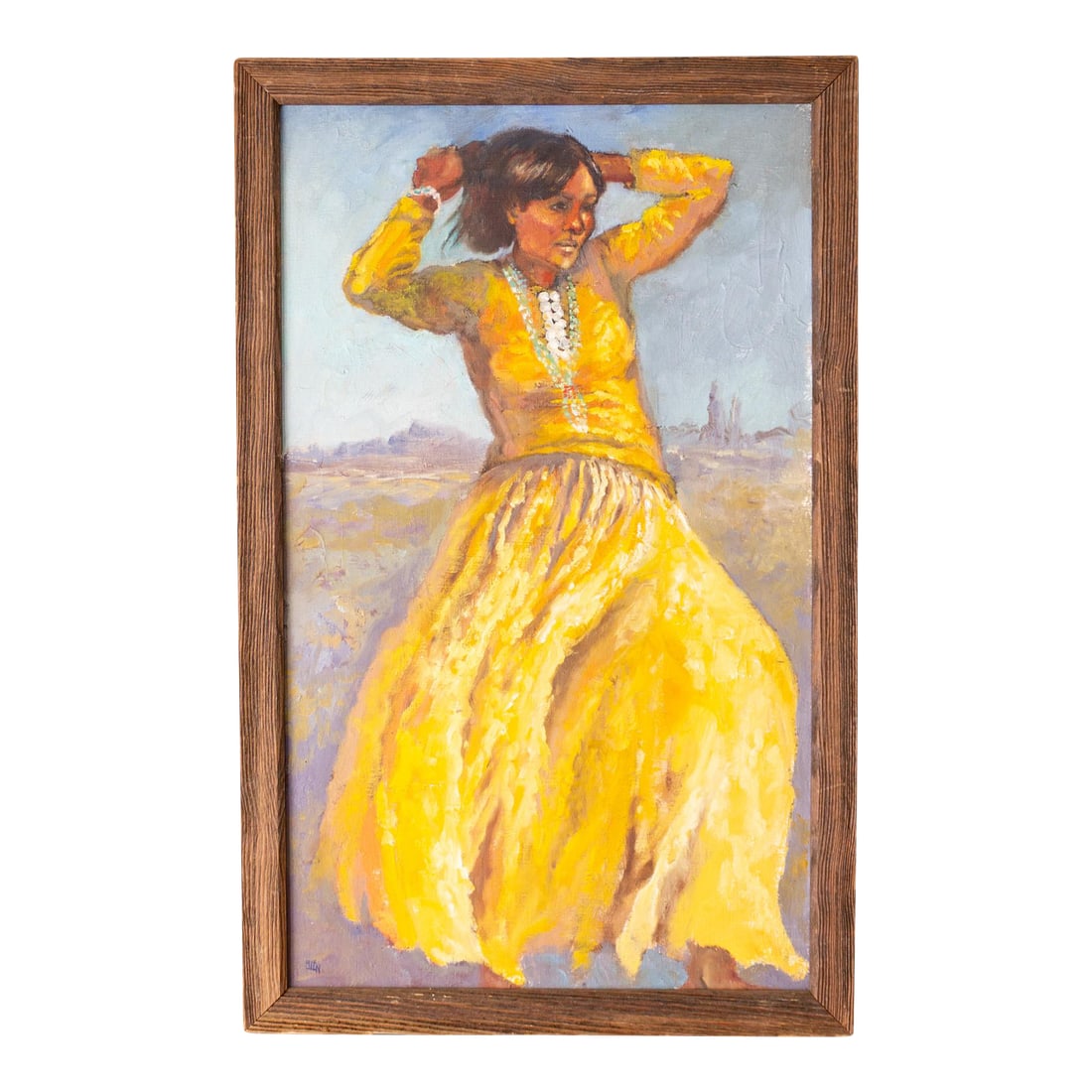 Figure Painting of a Girl in Yellow on a Soutwestern Mesa Landscape: The scale and color of this original figurative painting are striking. A girl wearing a vibrant marigold flowing dress that blows in the wind, with a Southwestern Mesa landscape in the background.