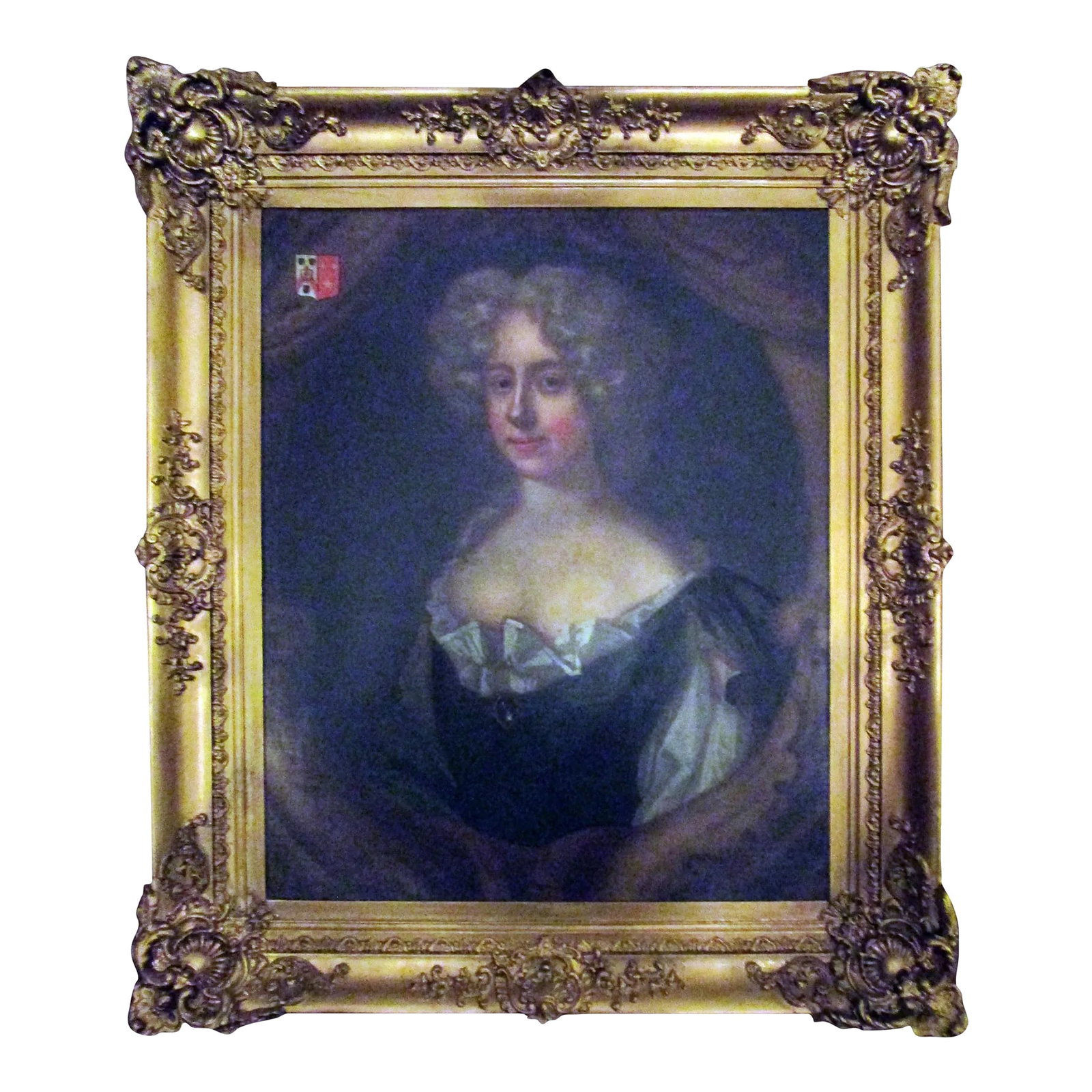 18th Century English Titled Lady with Coat of Arms Framed Oil Portrait Painting: 18th century English noblewoman in a gold gilt ornate period frame. Lovely detail and color, coat of arms in corner. Unsigned. Without the frame the painting itself measures 29 inches tall x 24.50