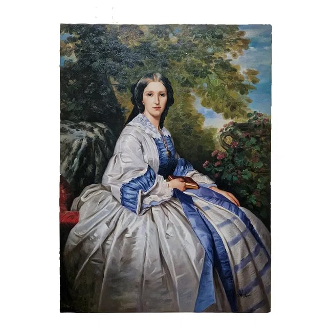 Mid-20th Century Signed G. Miller - Portrait of a Lady in a Garden, Oil on Canvas: Oil on canvas depicting an elegant seated lady in a flowing white dress with blue accents, holding a book within a garden setting. The composition is rendered with refined brushwork and soft tonal