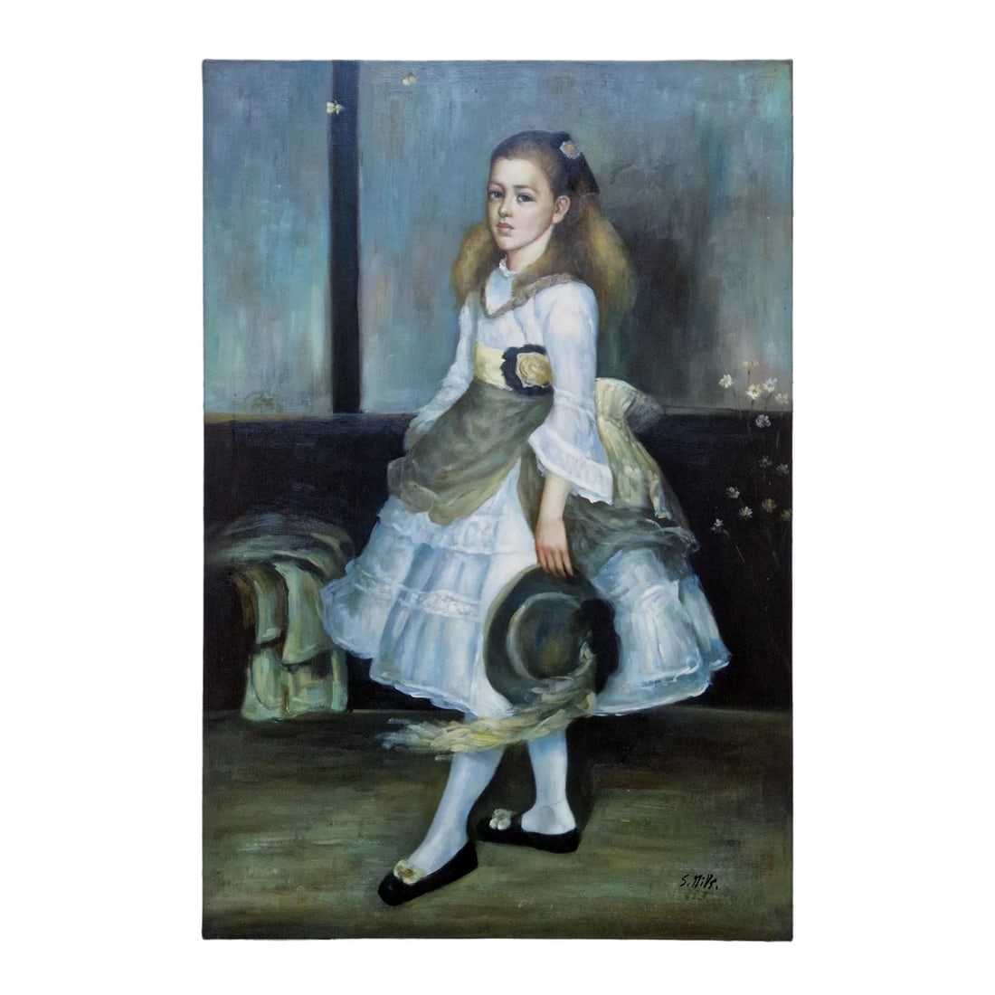 Mid-20th Century Signed S. Mills - Portrait of a Young Girl, Oil on Canvas: Oil on canvas depicting a seated young girl in a white dress with a green sash, holding a hat, set within an interior scene. The composition is rendered in a classical, academic style with soft tonal