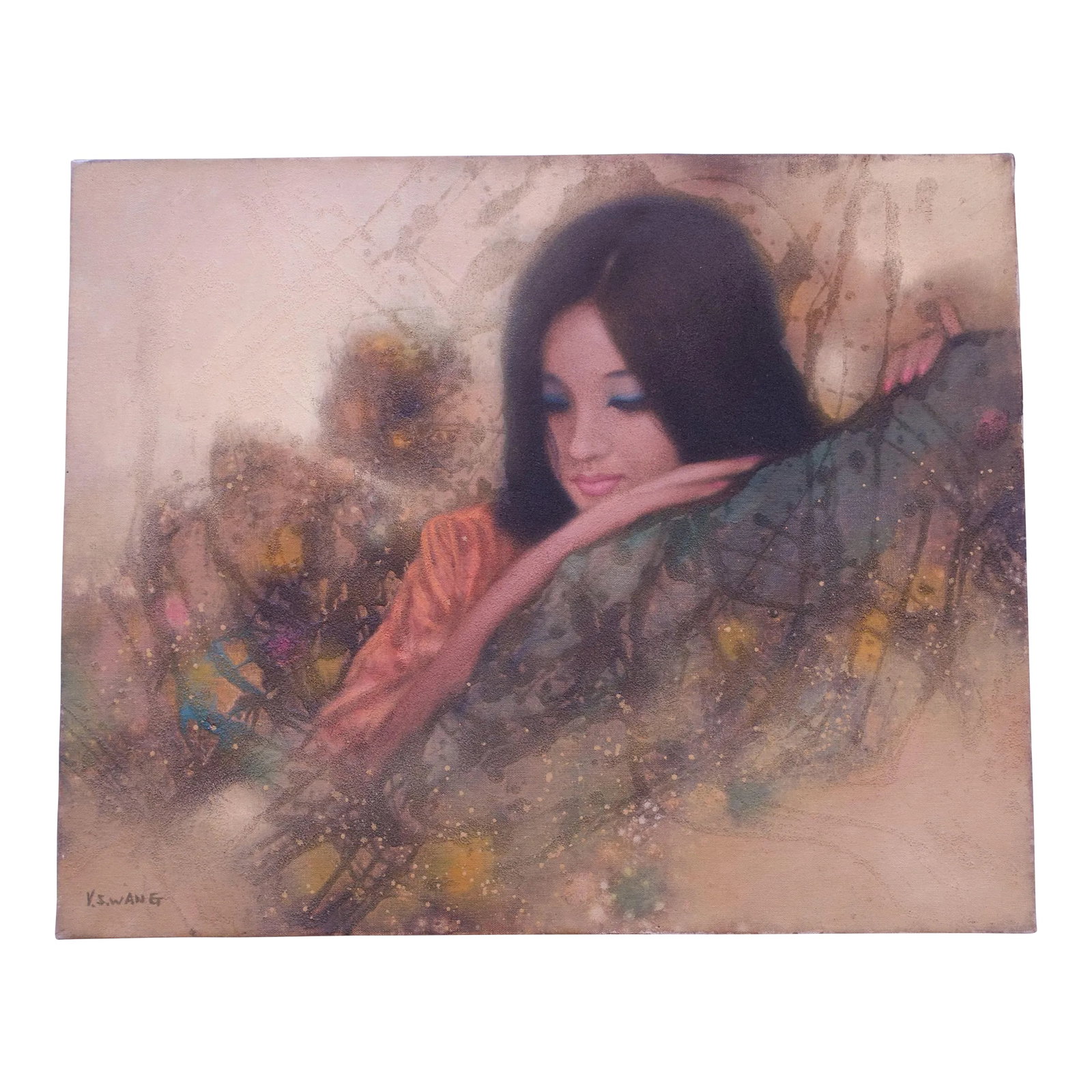 K Swang "Portrait of a Lady" Oil on Canvas: Circa 1970s American "Portrait of a Lady" oil on canvas signed K. Swang. The piece possesses an ethereal and nostalgic quality contrasting the realist portrayal of the female subject with an abstract 