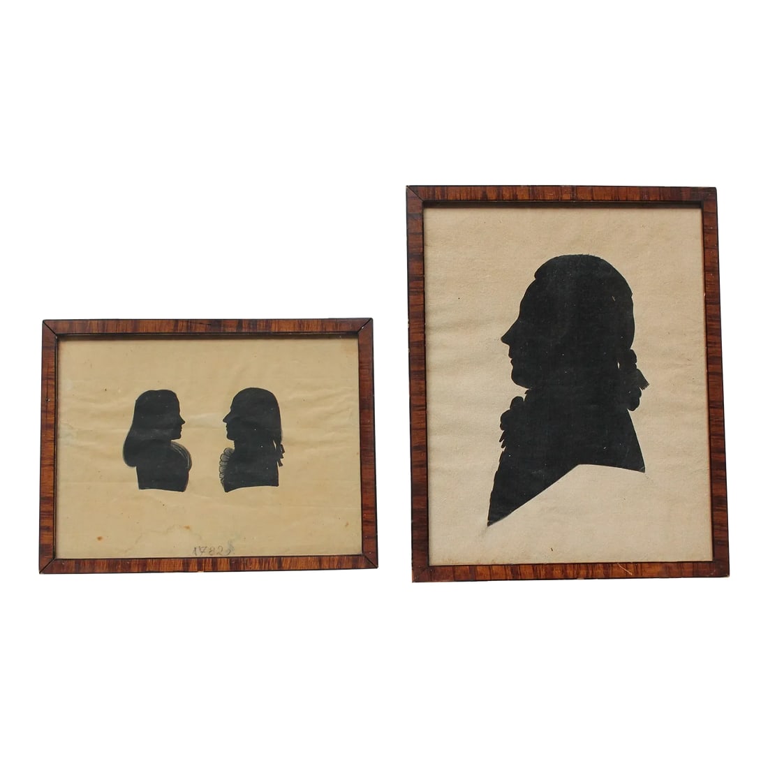 Set of Two Eighteenth Century American Antique Framed Silhouettes: Set of two early silhouette portraits dated 1787 and 1782, respectively, by unknown maker in nice period tiger maple frames. Wear commensurate with age (water spotting / wrinkling to the paper).