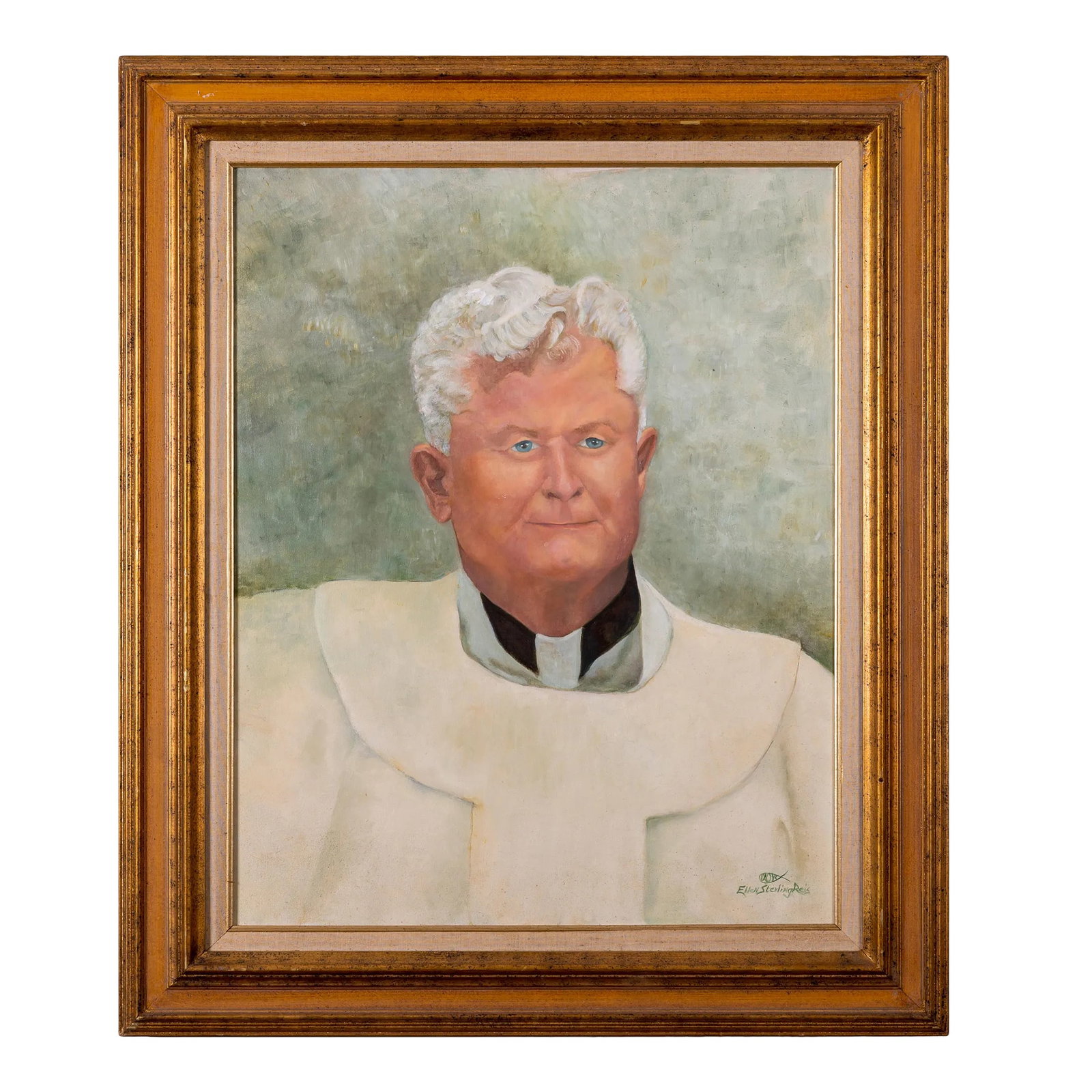 Catholic Priest Portrait Sterling Reis: Oil on canvas portrait of a Catholic priest by Ellen Sterling Reis. sight: 23 1/2 by 29 3/4 inches frame: 32 1/2 by 38 1/4 inches Condition: Alterations: Original Condition Unaltered Imperfections:
