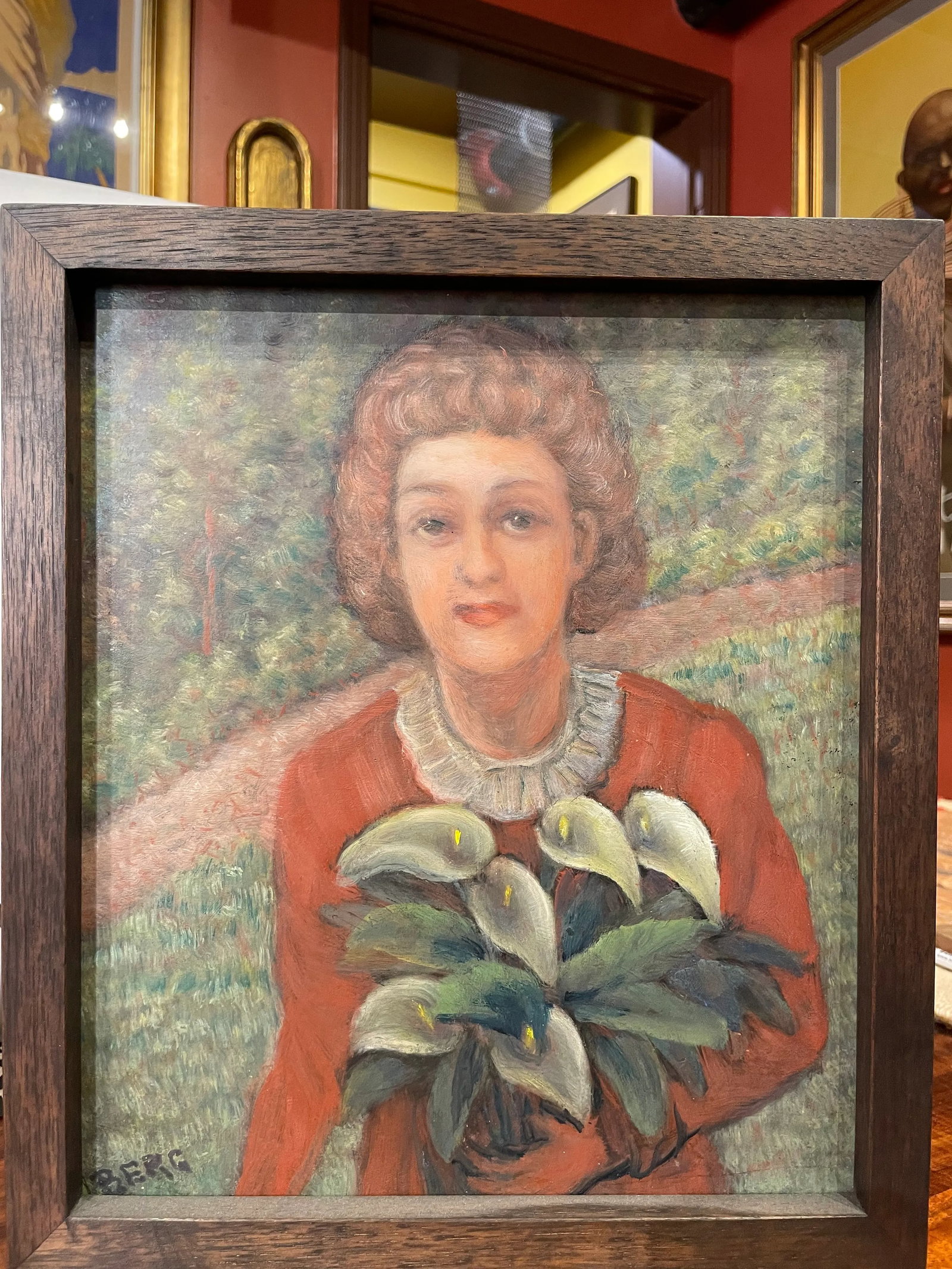 Circa 1940s French Portrait Oil Painting of a Woman with Calla Lilies, Framed - 4