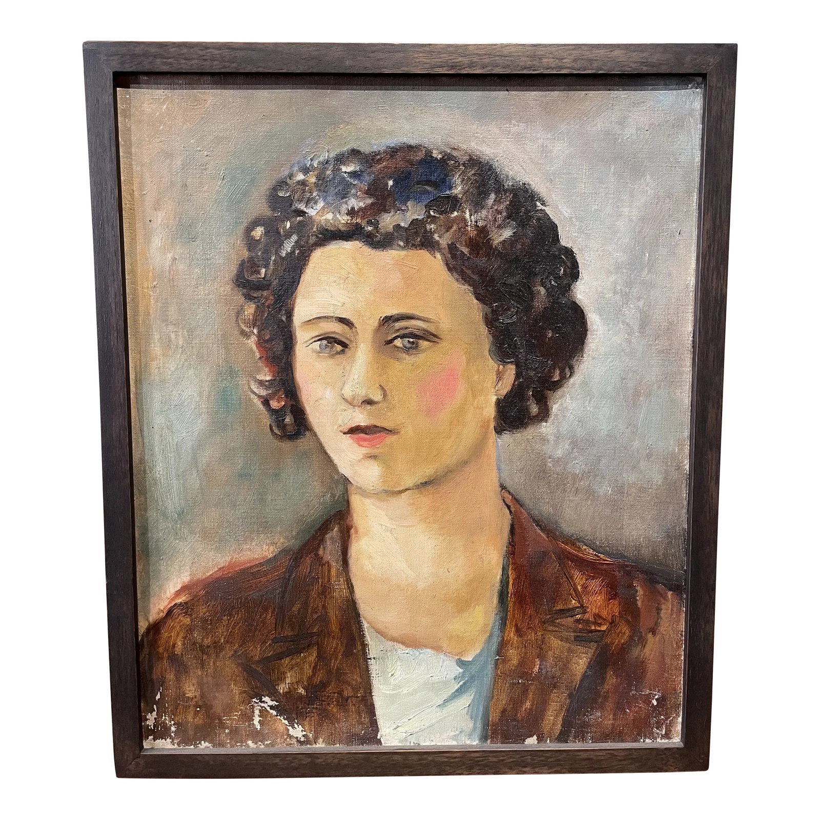 Circa 1940s French Woman with Curls Portrait Oil Painting, Framed: The Susie Tompkins Buell collection of women's portraits was a long time in the making. She started collecting these in the mid 70s and amassed them over the course of many years at flea markets. She 