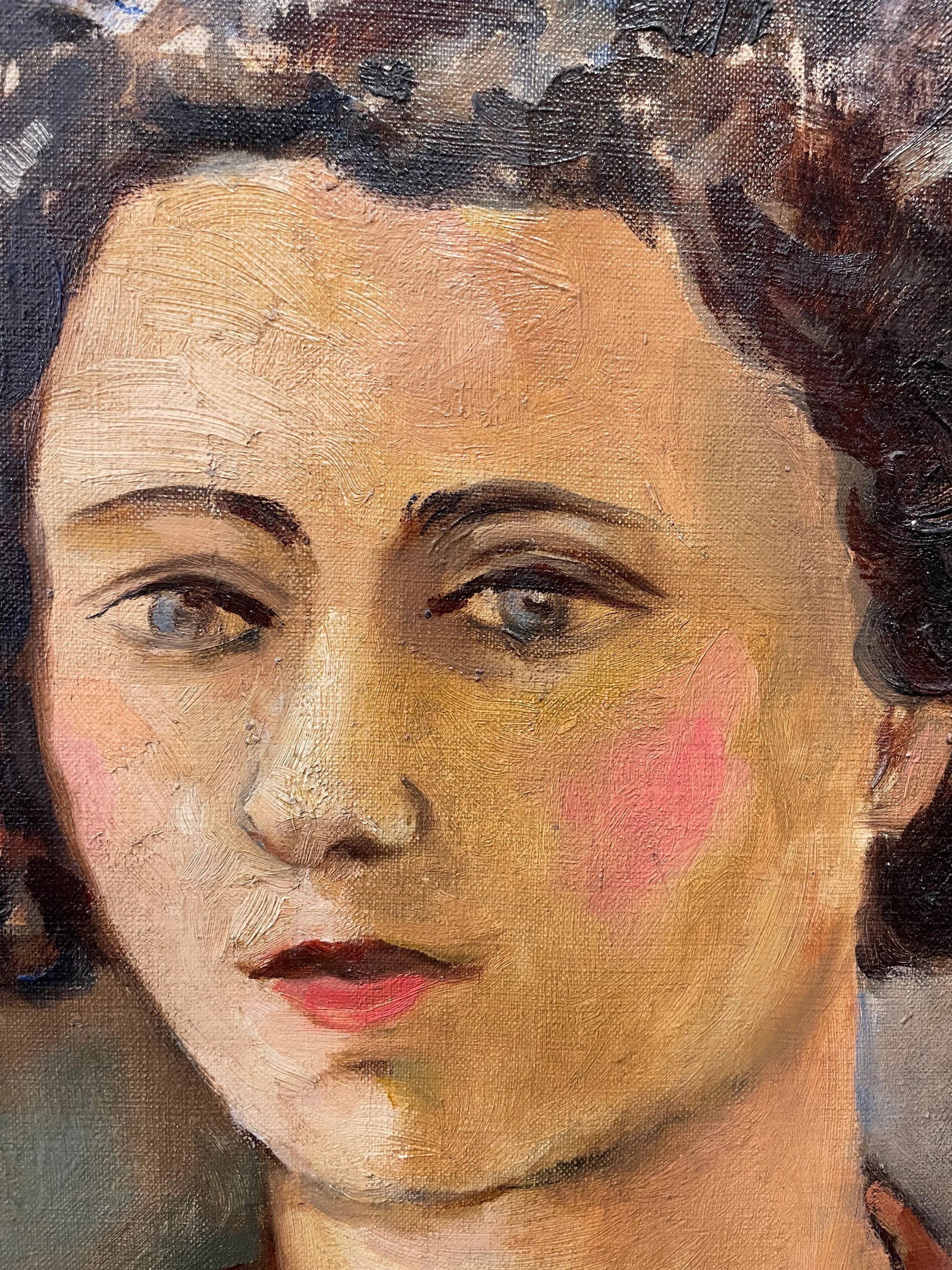 Circa 1940s French Woman with Curls Portrait Oil Painting, Framed - 2