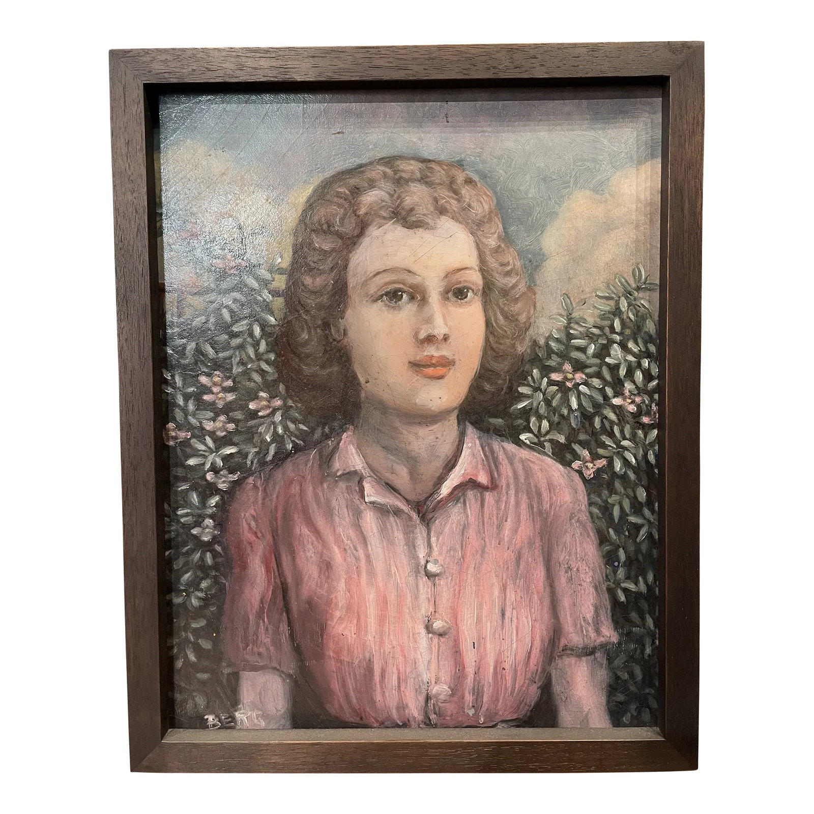 Circa 1940s French Portrait Oil Painting of a Woman with Pink Flowers, Framed: The Susie Tompkins Buell collection of women's portraits was a long time in the making. She started collecting these in the mid 70s and amassed them over the course of many years at flea markets. She