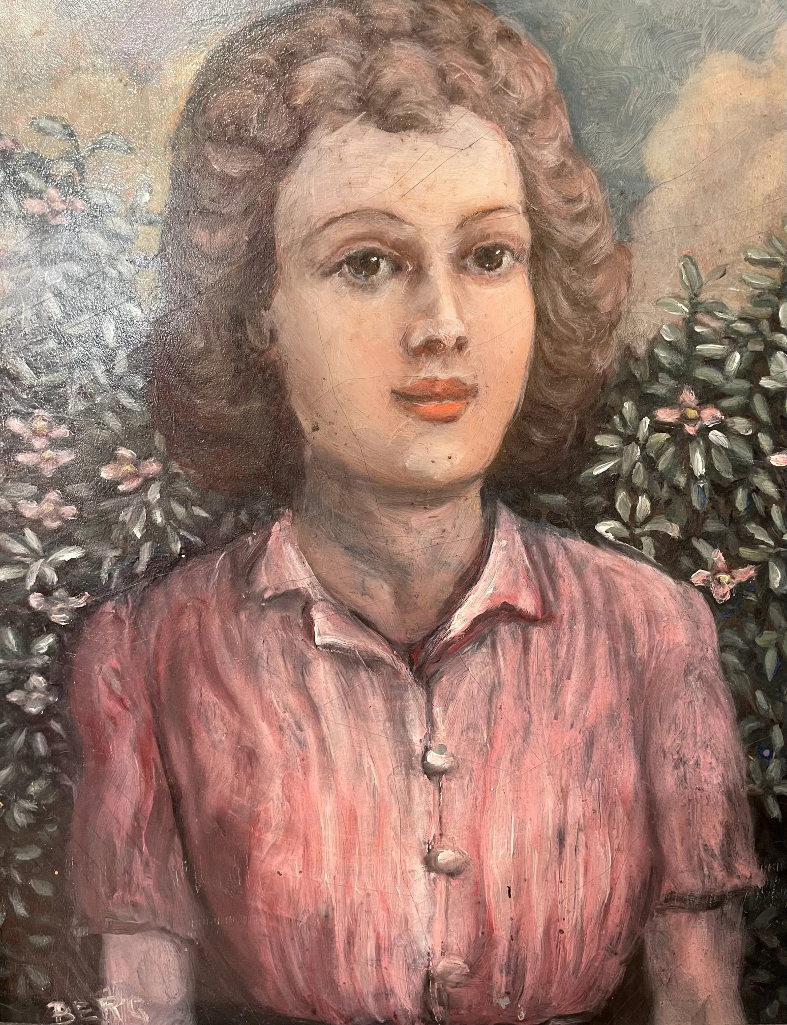 Circa 1940s French Portrait Oil Painting of a Woman with Pink Flowers, Framed - 2