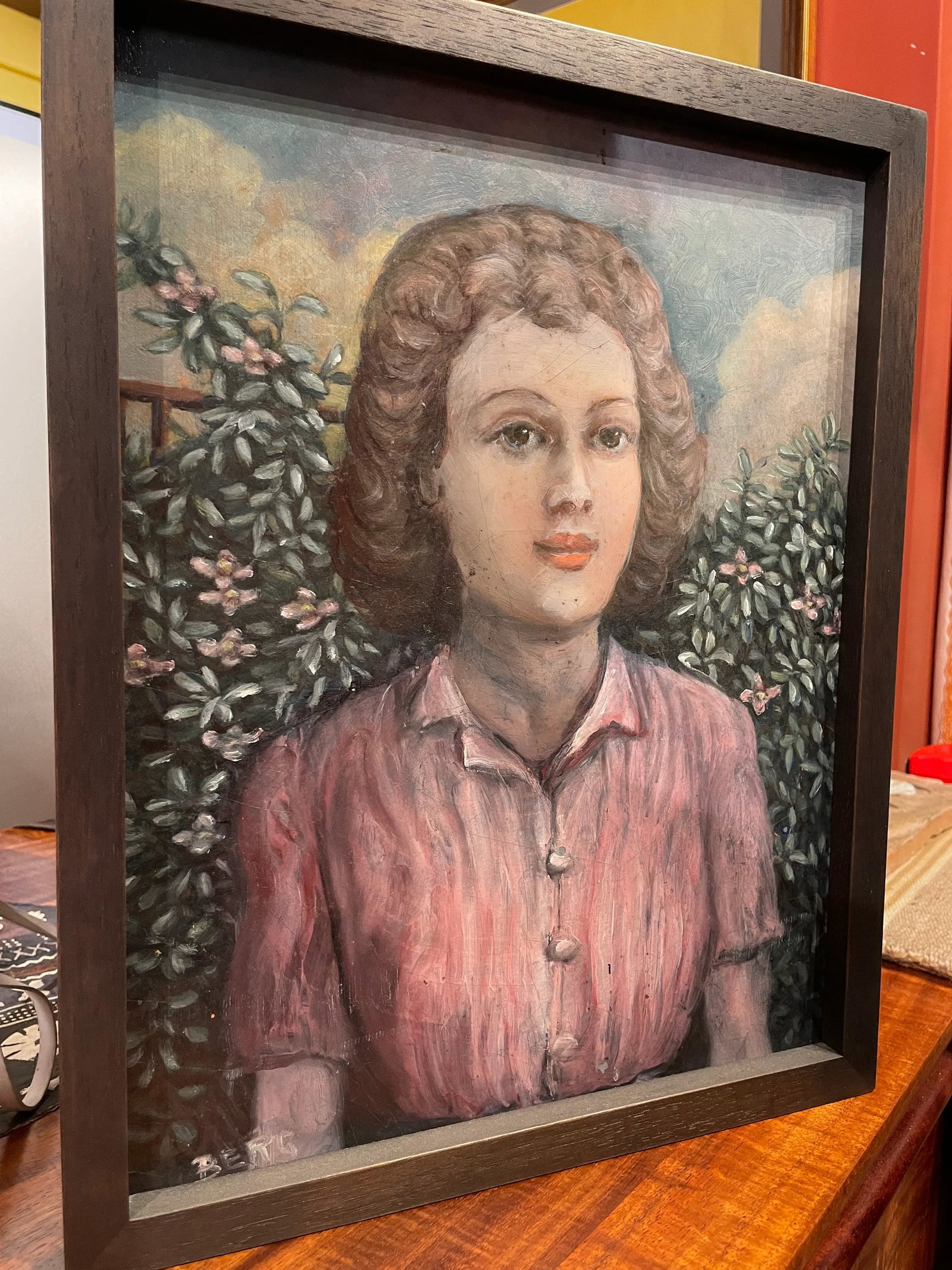 Circa 1940s French Portrait Oil Painting of a Woman with Pink Flowers, Framed - 3