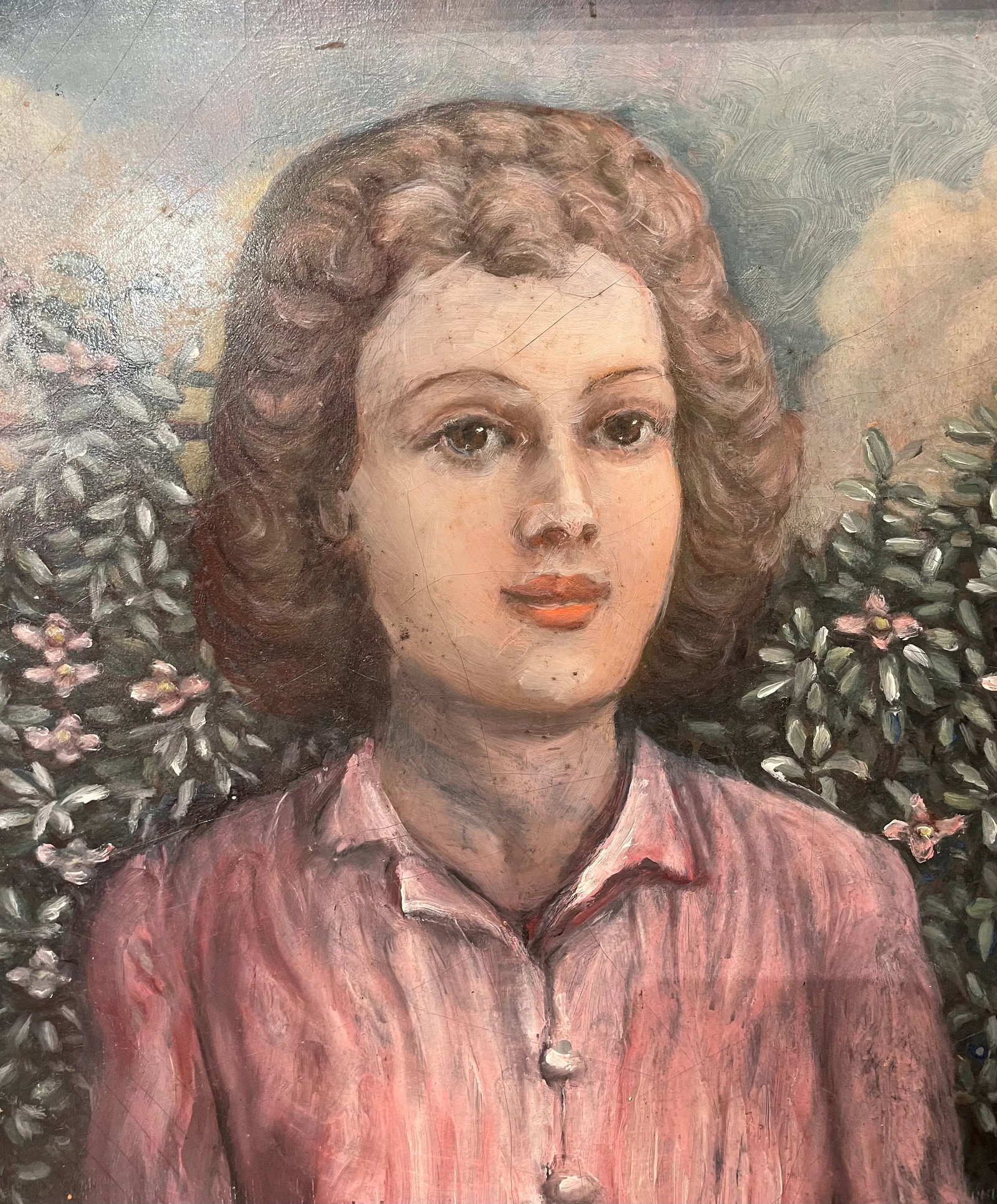 Circa 1940s French Portrait Oil Painting of a Woman with Pink Flowers, Framed - 4