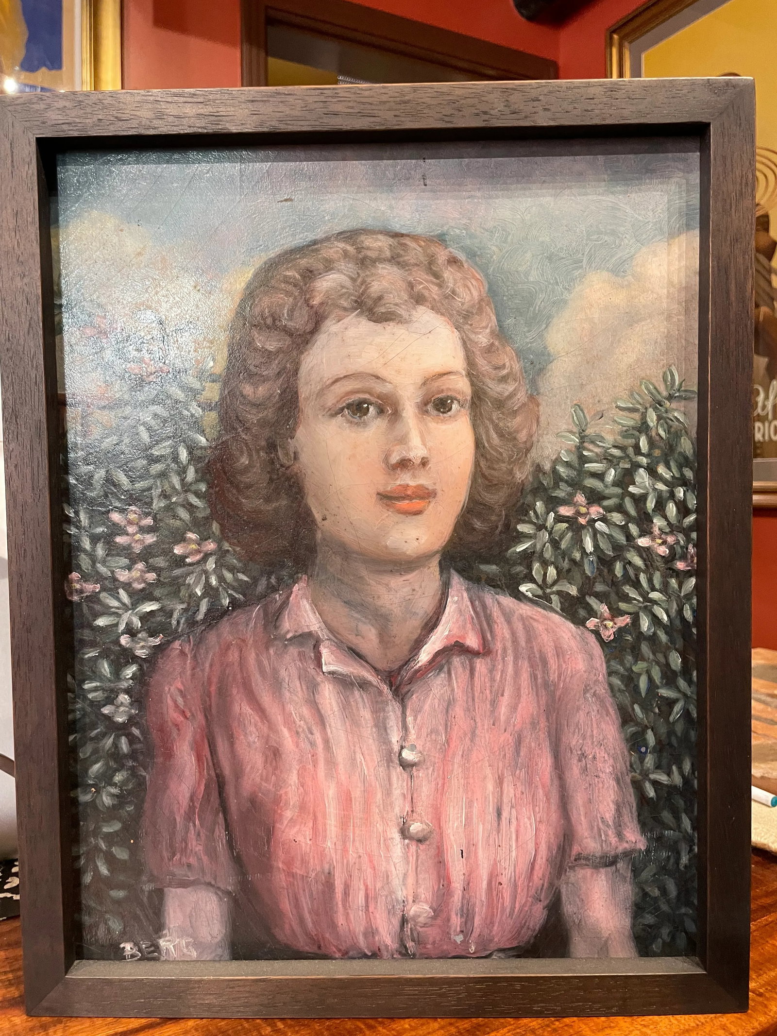 Circa 1940s French Portrait Oil Painting of a Woman with Pink Flowers, Framed - 5