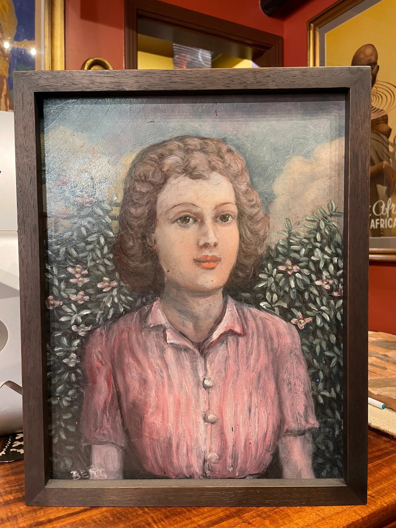 Circa 1940s French Portrait Oil Painting of a Woman with Pink Flowers, Framed - 6