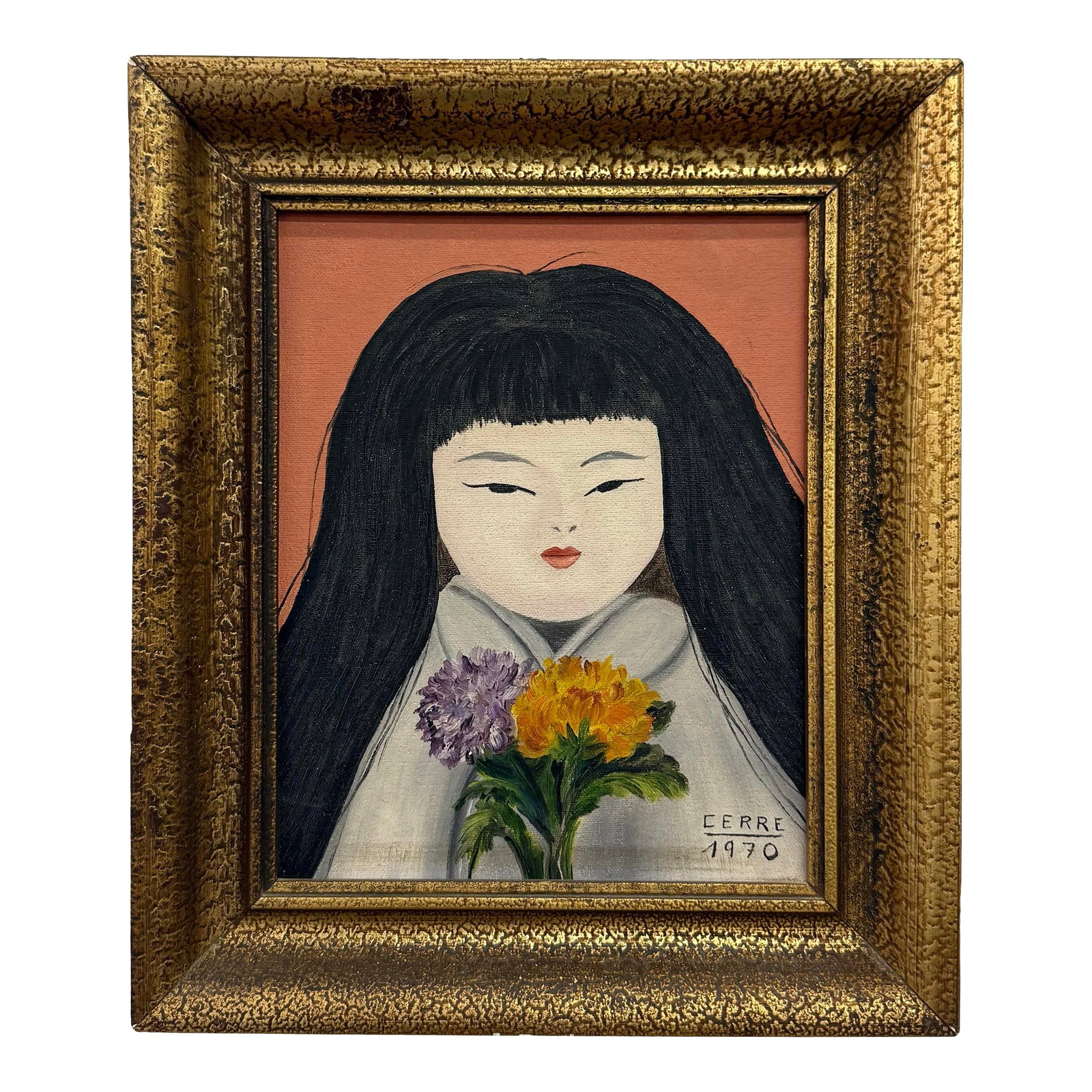 Vintage Abstract Portrait Painting of a Young Woman, Signed "Cerre" & Dated 1970: A vintage abstract portrait painting on canvas depicting a stylized young woman with flowing black hair, serene facial features, and a bouquet of vibrant flowers. Rendered in a minimalist,