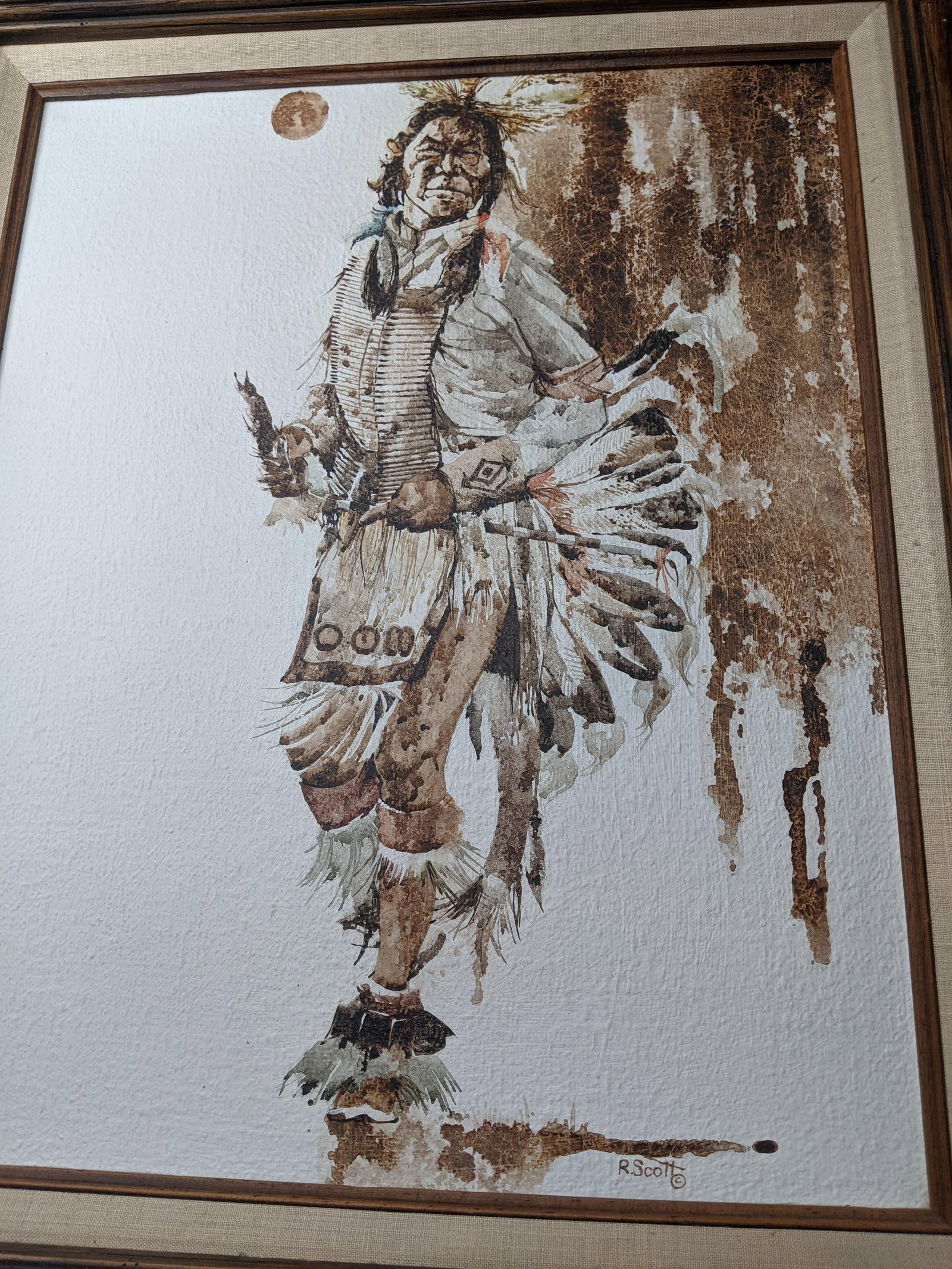 Mid 20th Century R. Scott Signed Mixed Media Native American Figure Drawing, Watercolor Ink on Paper - 10