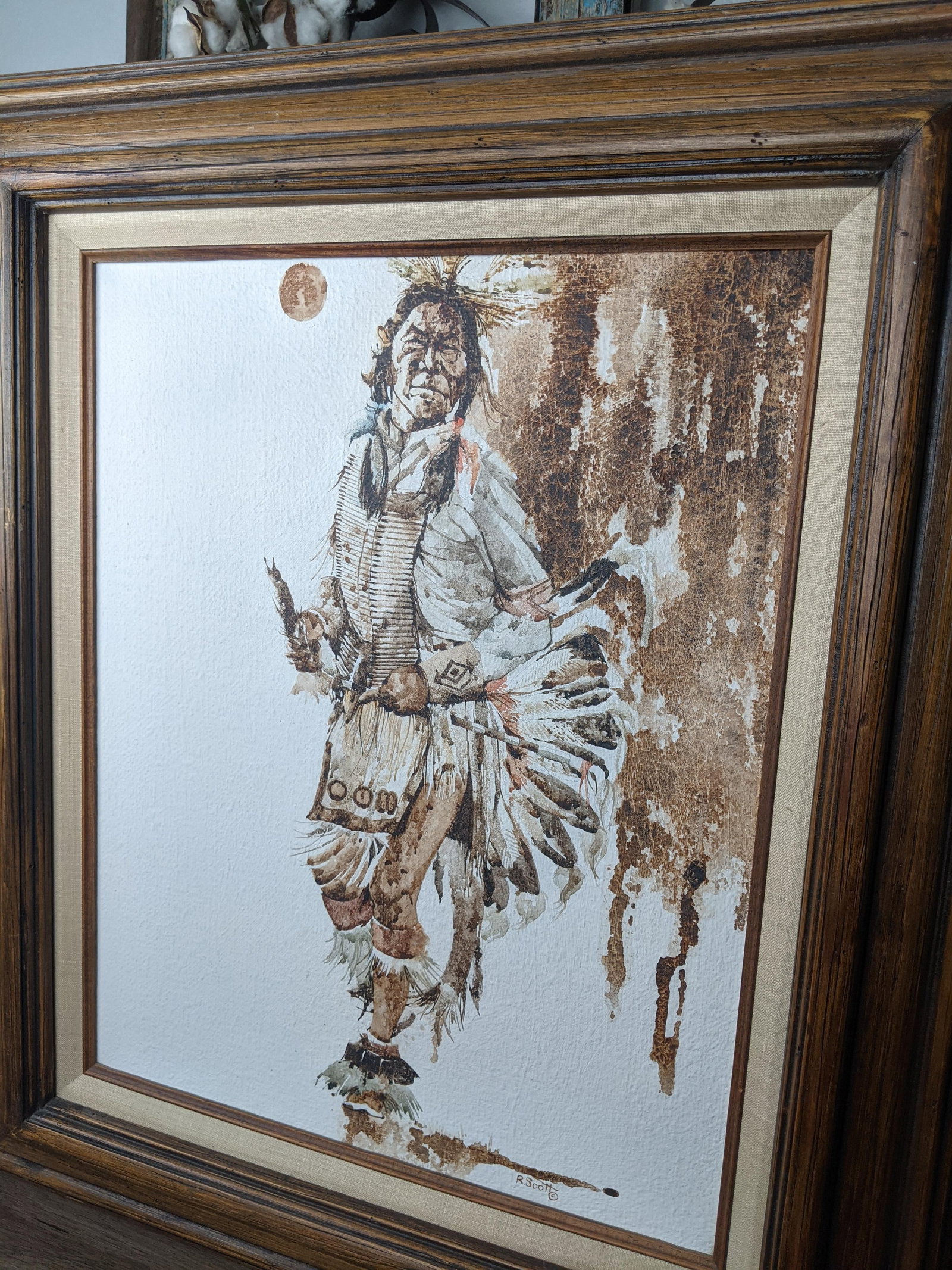 Mid 20th Century R. Scott Signed Mixed Media Native American Figure Drawing, Watercolor Ink on Paper - 12