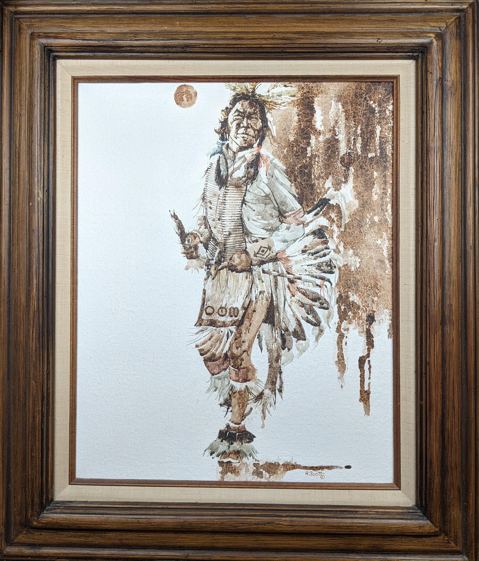 Mid 20th Century R. Scott Signed Mixed Media Native American Figure Drawing, Watercolor Ink on Paper (1 of 15)