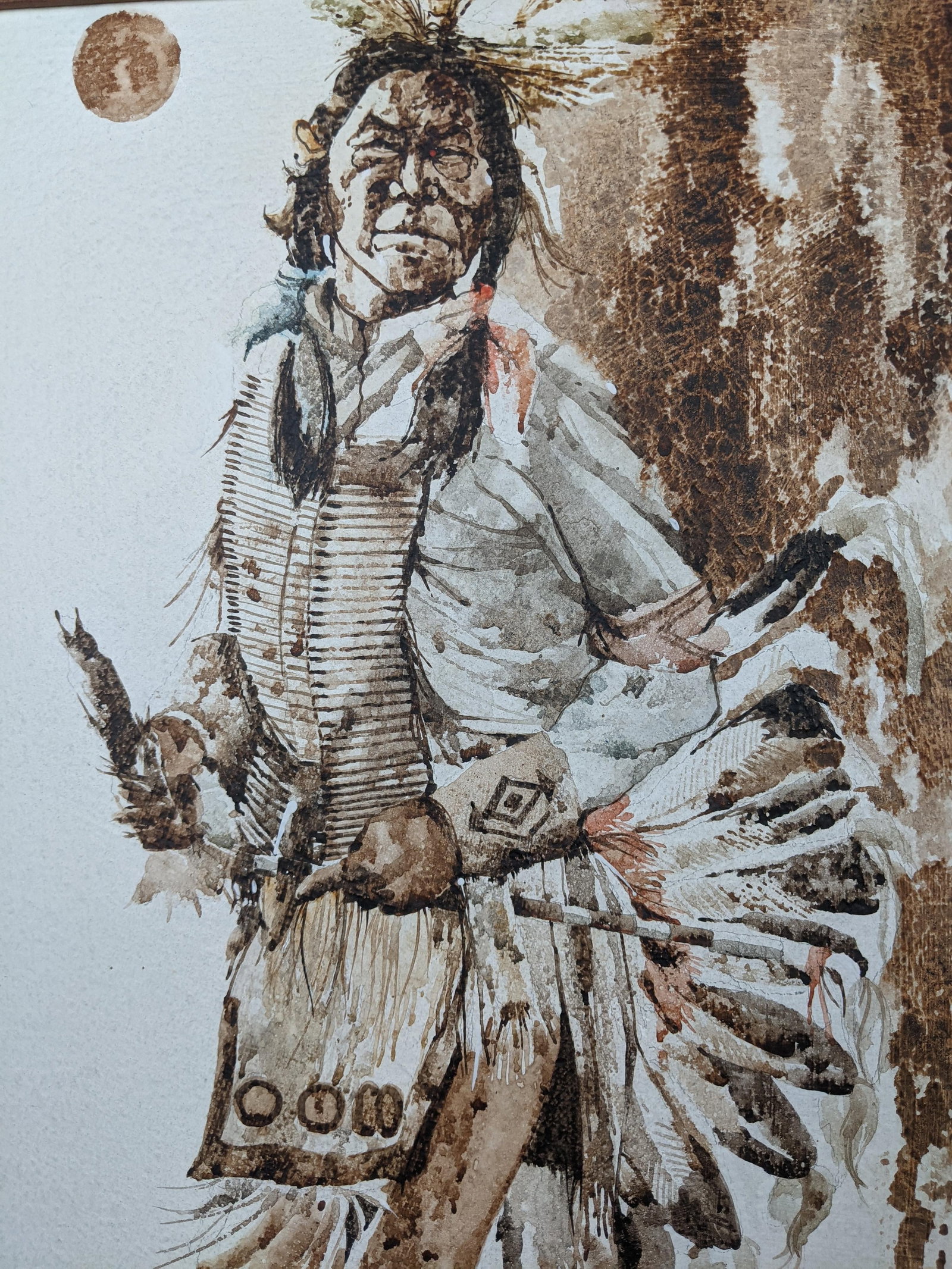 Mid 20th Century R. Scott Signed Mixed Media Native American Figure Drawing, Watercolor Ink on Paper - 6